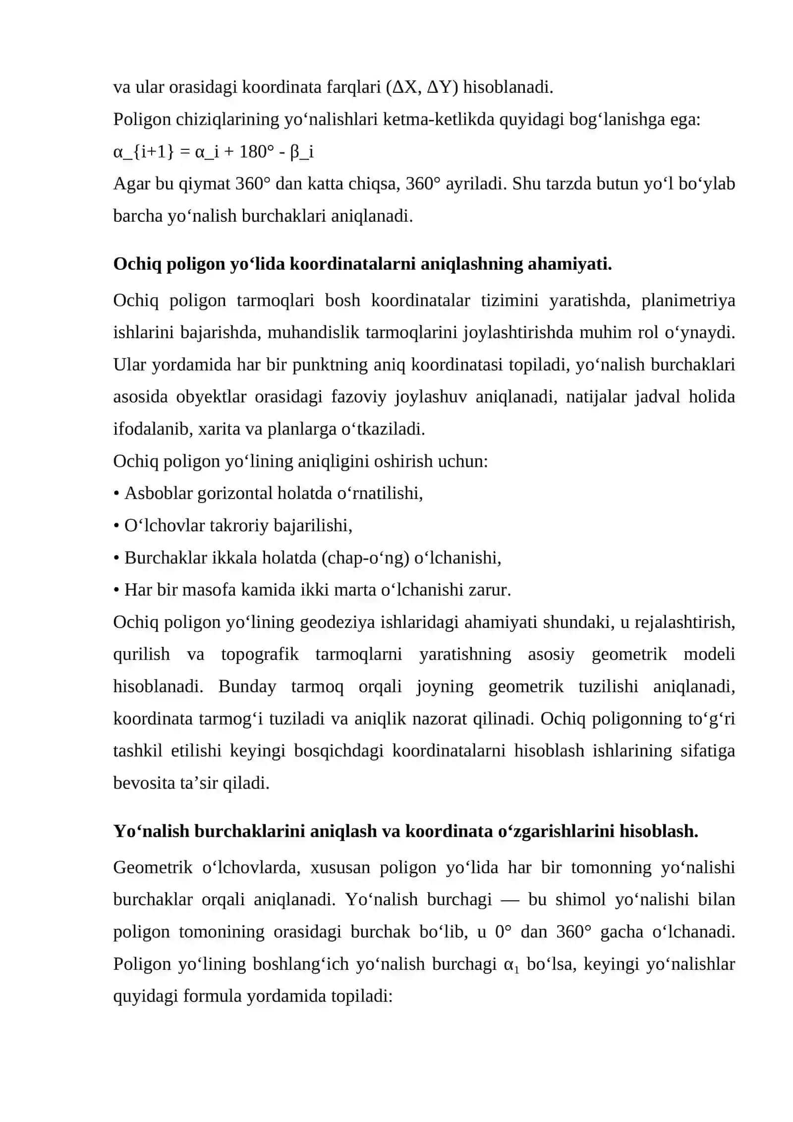 Ochiq poligon punktlarining koordinalarini hisoblash va jadval holiga keltirish 4