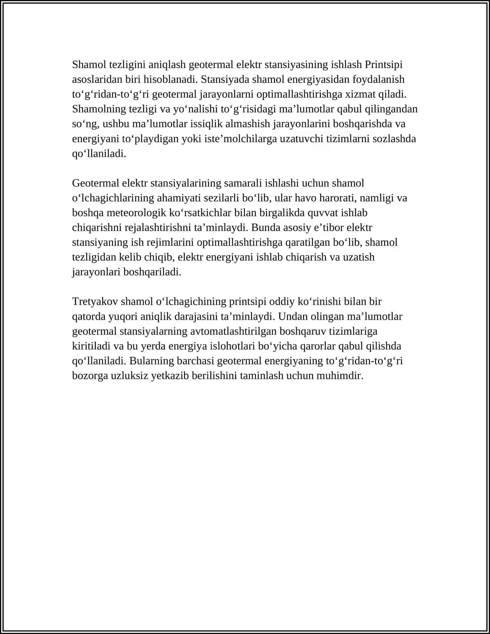 TRETYAKOV SHAMOL O‘LCHAGICH YORDAMIDA SHAMOL TEZLIGINI ANIQLASH GEOTERMAL ELEKTR STANSIYALARINING ISHLASH PRINSIPI 4