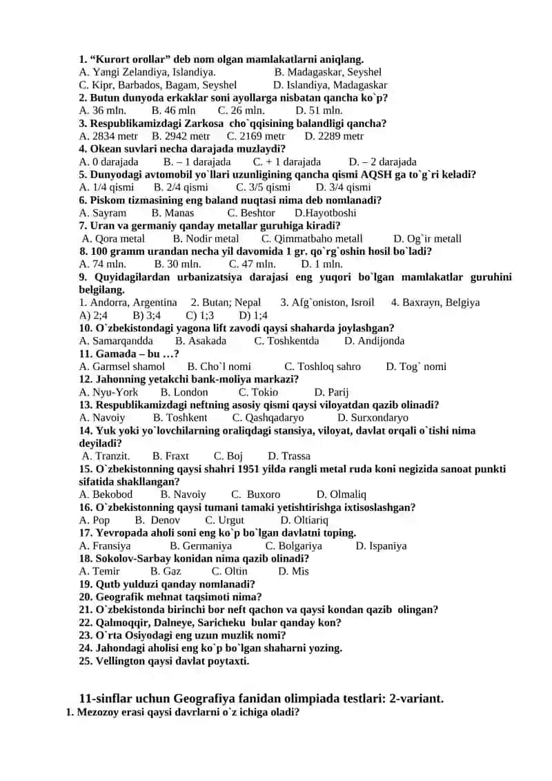 11-sinflar uchun geografiya fanidan olimpiada amaliy ishlari 4