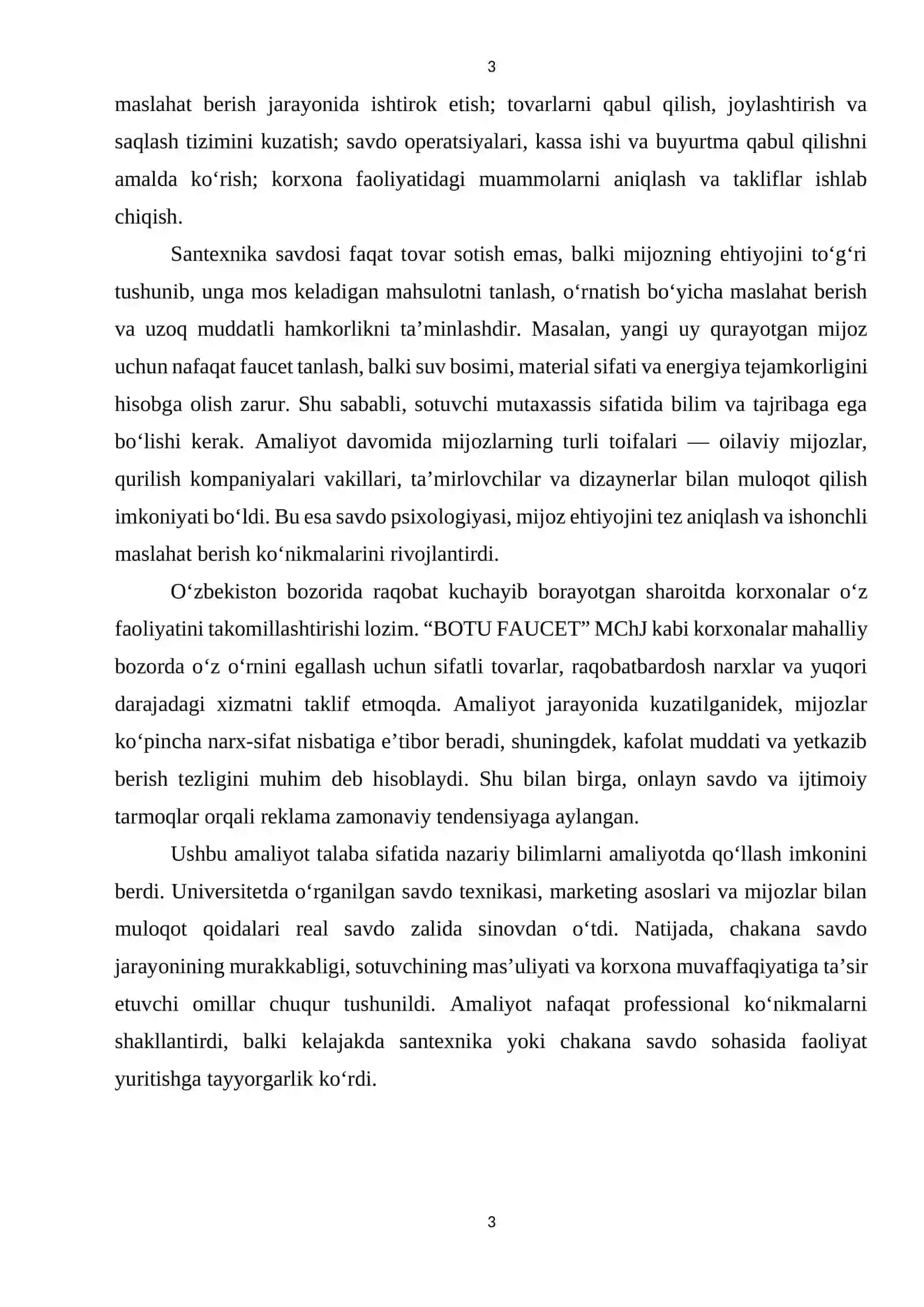 Santexnika do'konida AMALIYOT HISOBOTI 4