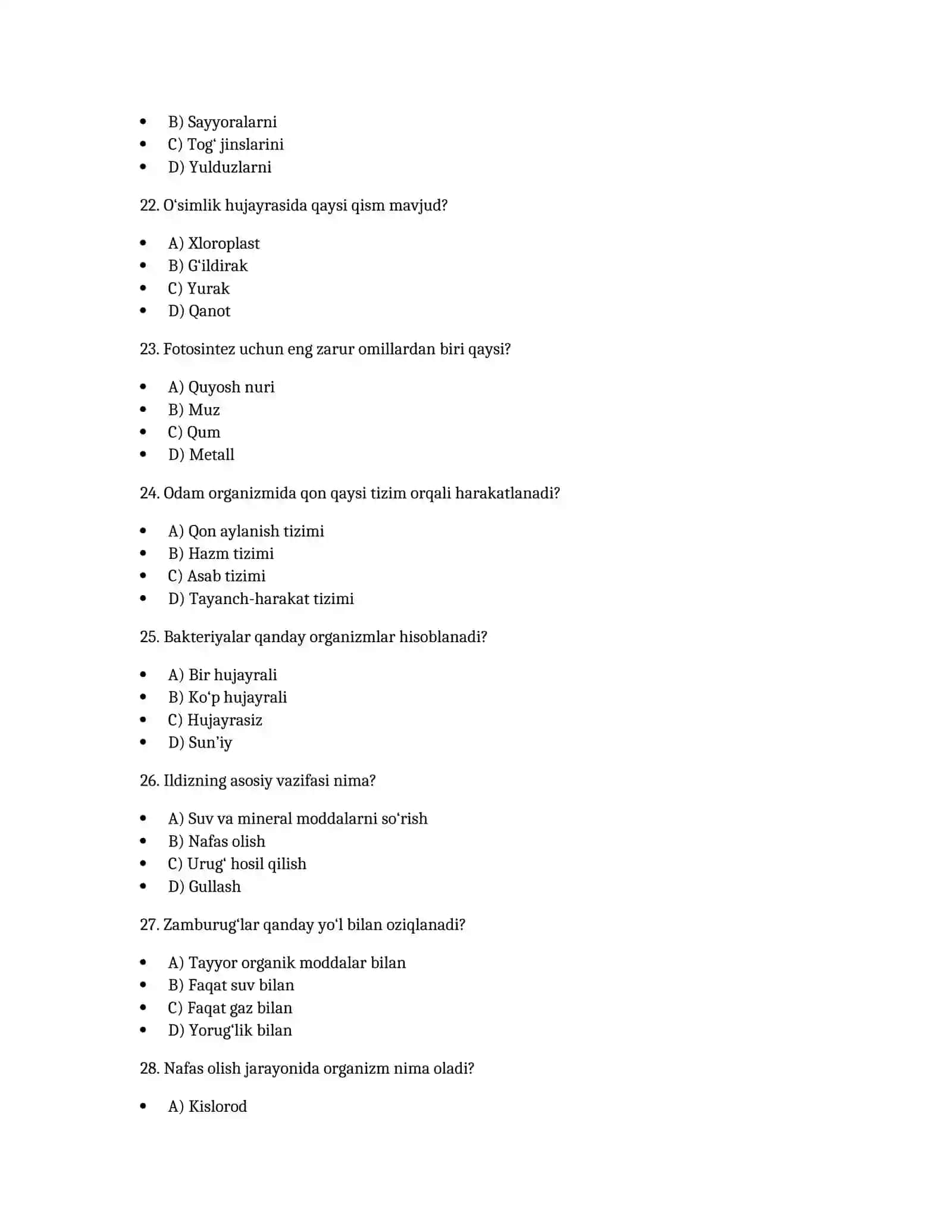 7-sinf Biologiya fanidan 100 ta test 4