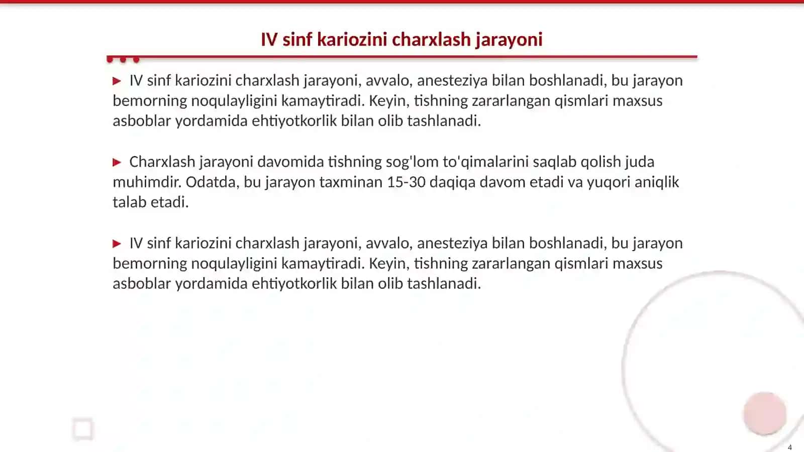 Fantomlarda IV sinf karioz bo'shliqlarini charxlash va plombalash 4
