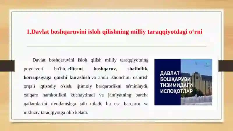 MUSTAQILLIK YILLARIDA DAVLAT BOSHQARUVI SOHASIDA AMALGA OSHIRILGAN ISLOHOTLAR 4