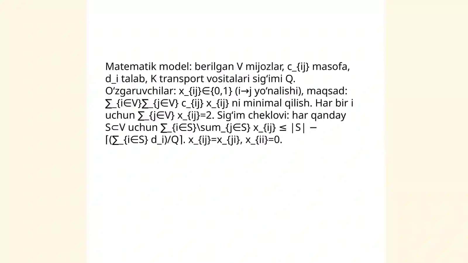 Avtokorxona joylashuv punktini hisobga olmagan holda yuk tashish marshrutlarni tuzish 4