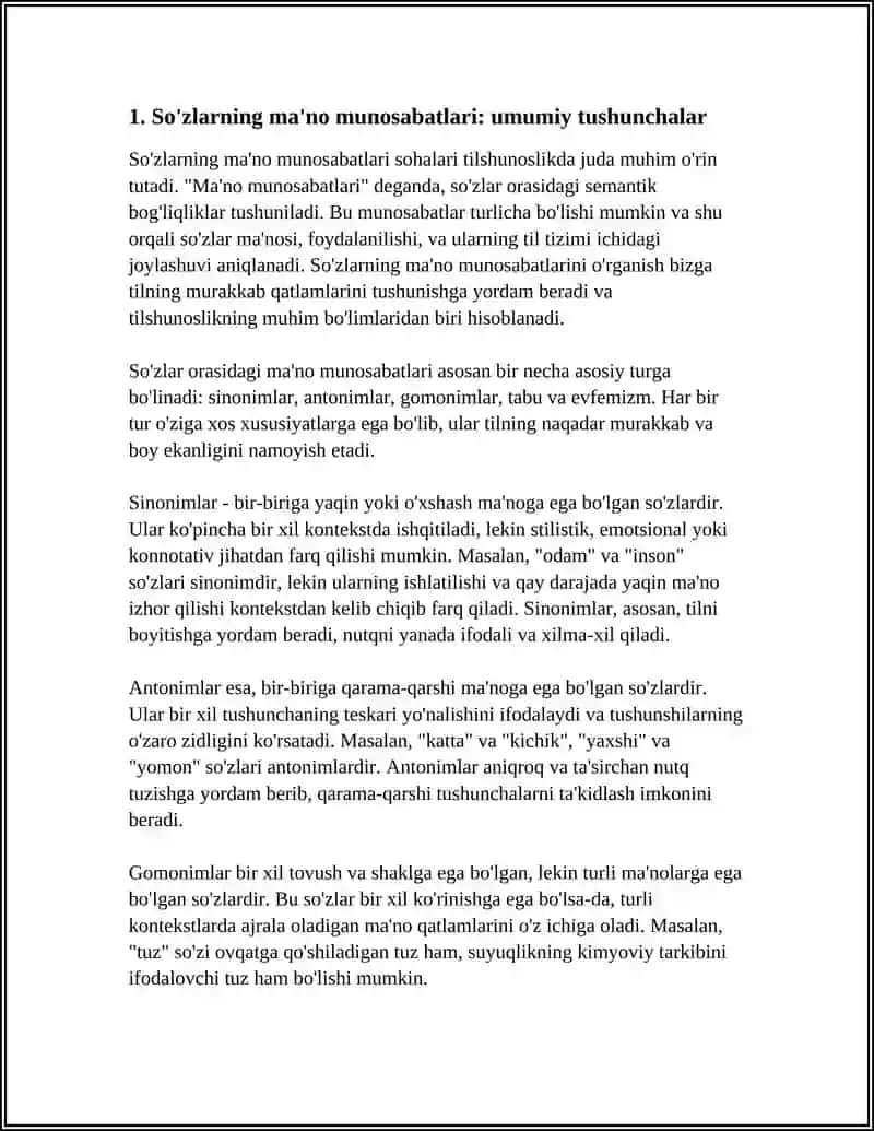 SO'ZLARNING MA'NO MUNOSABATIGA KO'RA TURLARI. SINONIMLAR. OMONIMLAR. ANTONIMLAR. TABU VA EVFEMIZM 4