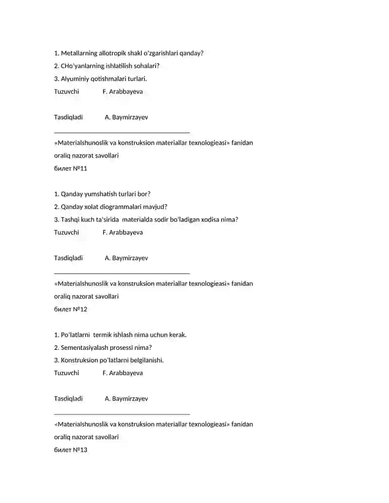 Materialshunoslik va konstruksion materiallar texnologieasi fanidan oraliq nazorat savollari 4