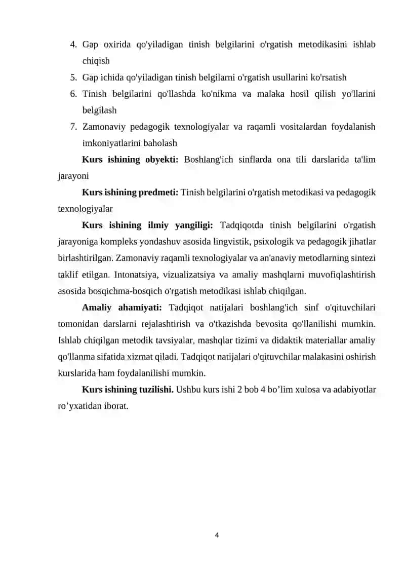 BOSHLANGʻICH SINFLARDA TINISH BELGILARINI OʻRGATISH METODIKASI...... 4