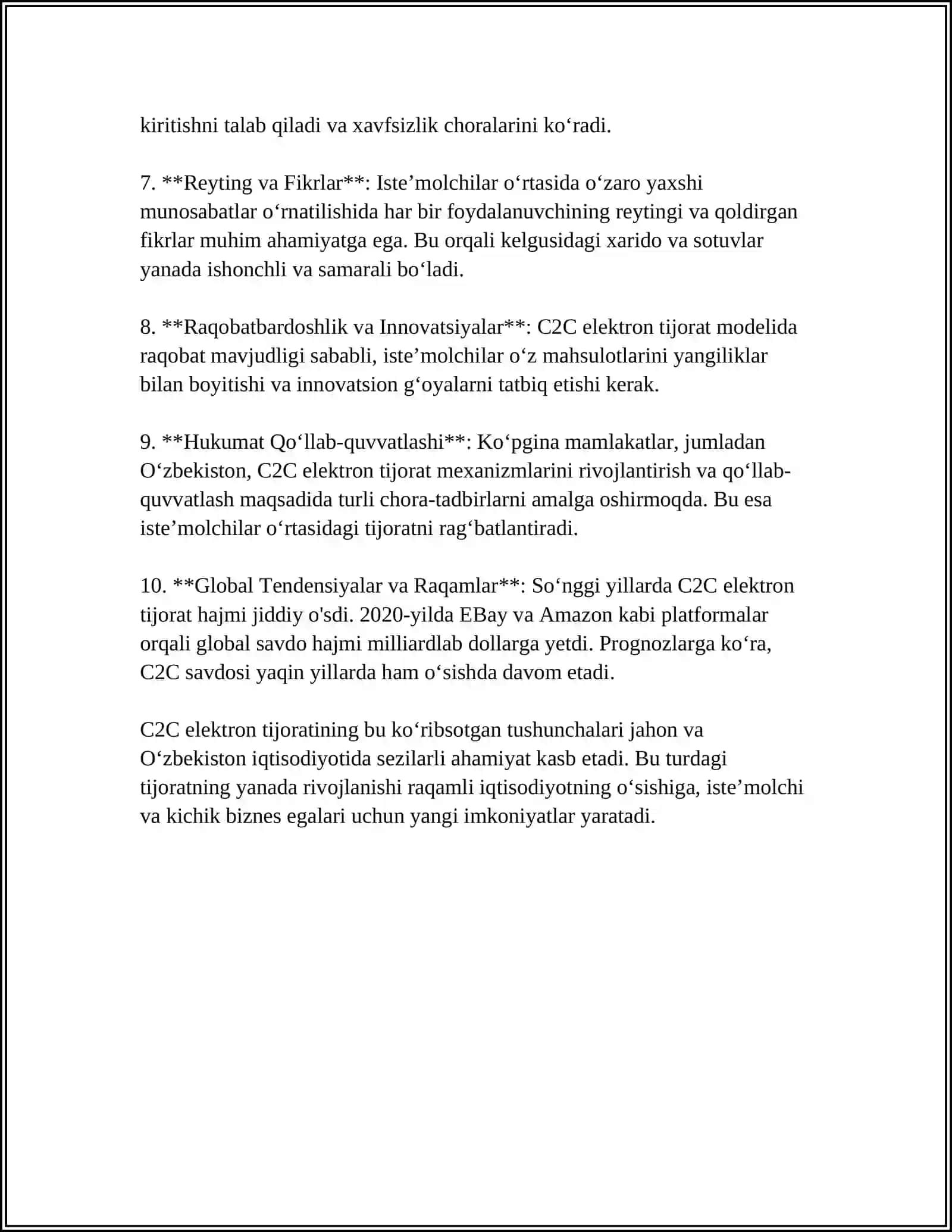 C2C SEKTORIDA ELEKTRON TIJORATNI TASHKIL QILISHNING XUSUSIYATLARI, O’ZARO BOG’LIQLIGI VA MUVOFIQLIGINING AHAMIYATI 4