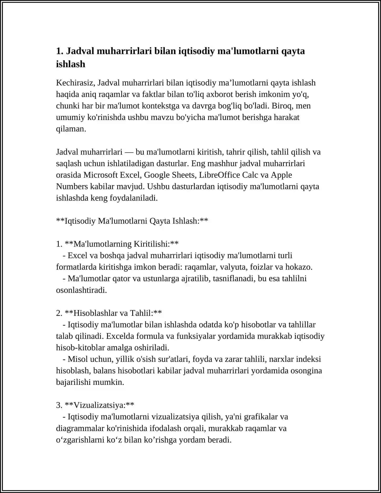 IQTISODIY AXBOROTLARNI JADVAL REDAKTORI VOSITALARIDAN FOYDALANGAN HOLDA QAYTA ISHLASH DASTURLARI 4