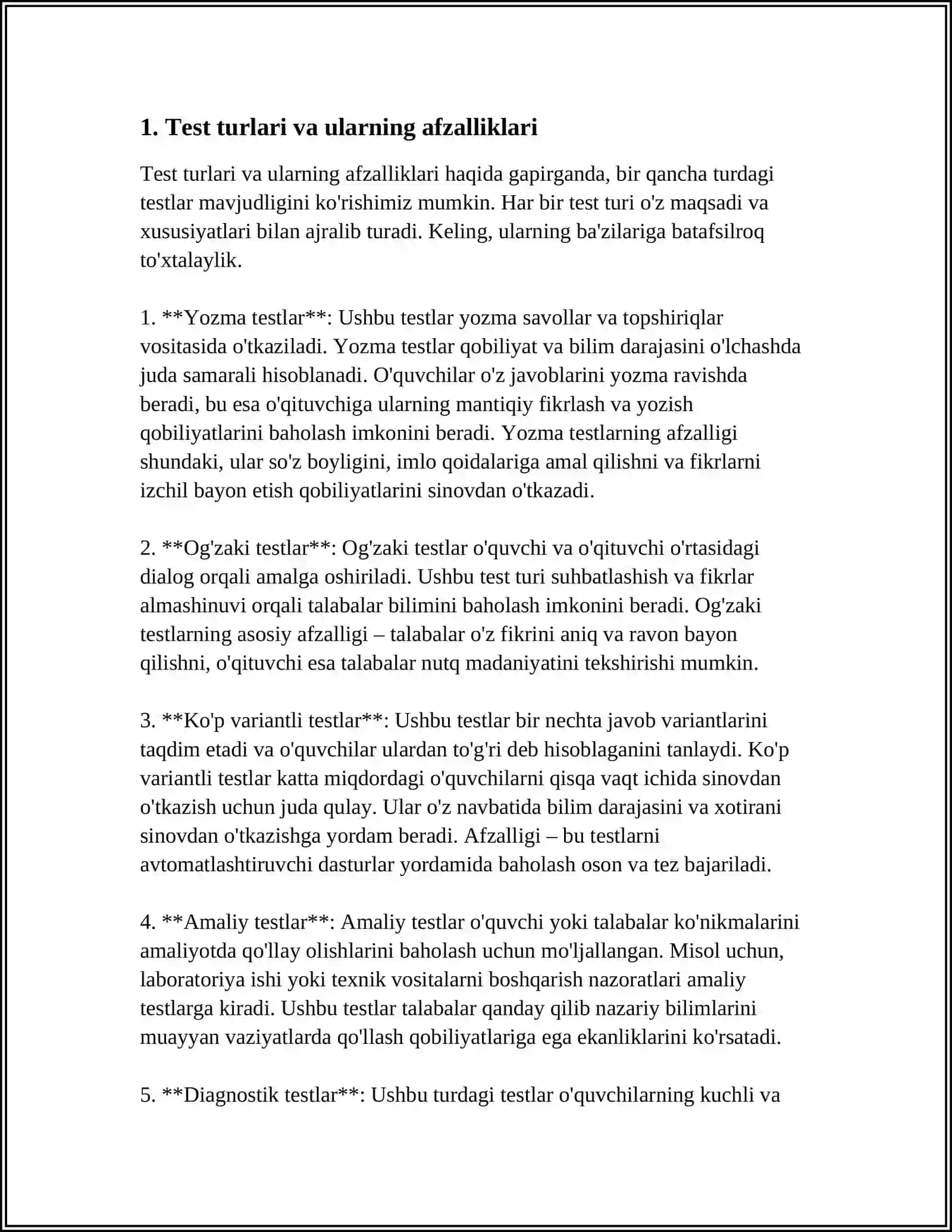 TEST, TESTLARNING TURLARI BOʻYICHA TAVSIYA TAYYORLASH 4