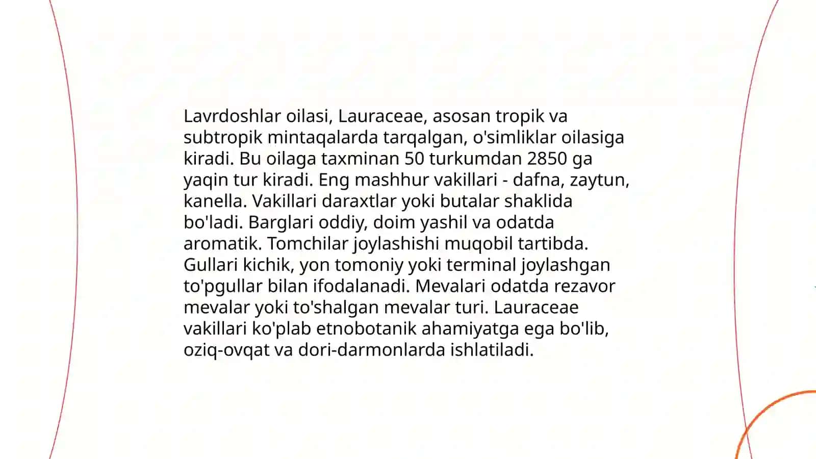 Ikki urugʻpallali oʻsimliklar sinfiga mansub oilalar:lavrdoshlar,zigʻirdoshlar oilalariga mansub oʻsimliklarning xarakterli xususiyatlari va tibbiyotdagi ahamiyati 4