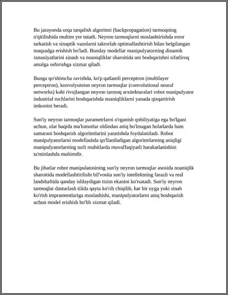 SUNIY TARMOQLAR YORDAMIDA ROBOT MANIPULYATORLARINING NOANIQLIK SHAROITIDA BOSHQARILISHINI MODELLASHTIRISH 4