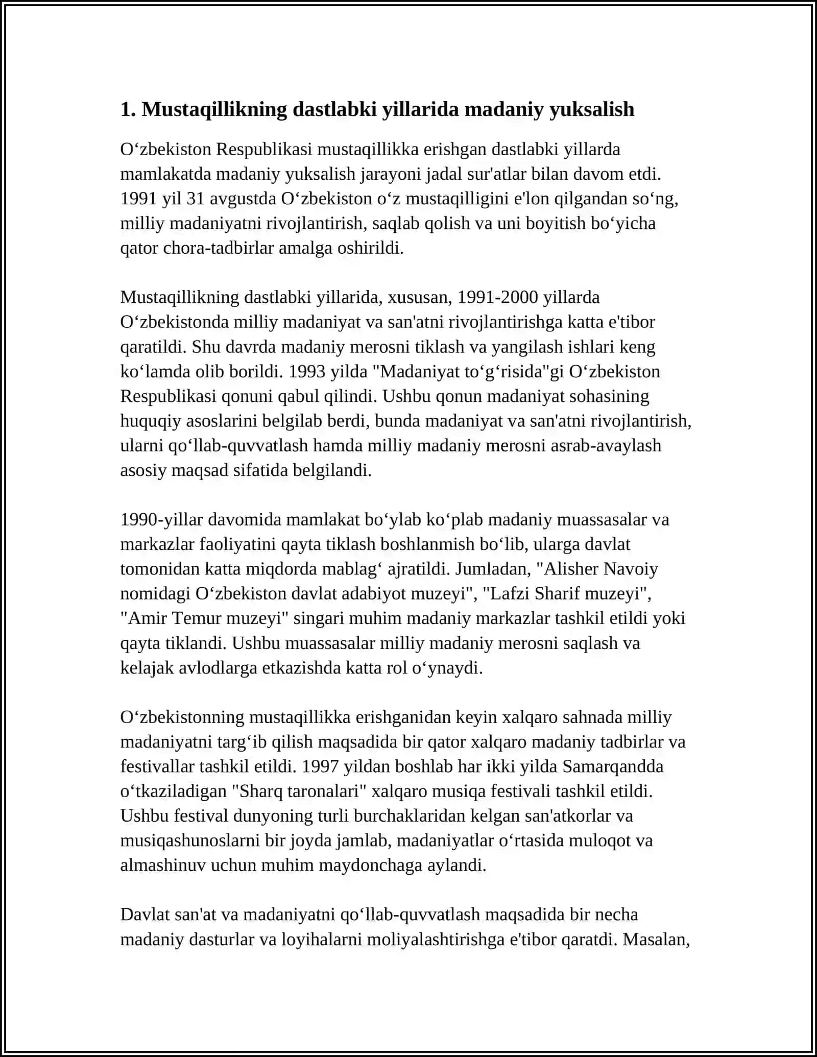 Ôzbekiston Respublikasidagi Ishtimoiy Ôzgarishlar. Mustaqillik yillarida Ôzbekiston dagi Manaviy va Madaniy Taraqiyot 4