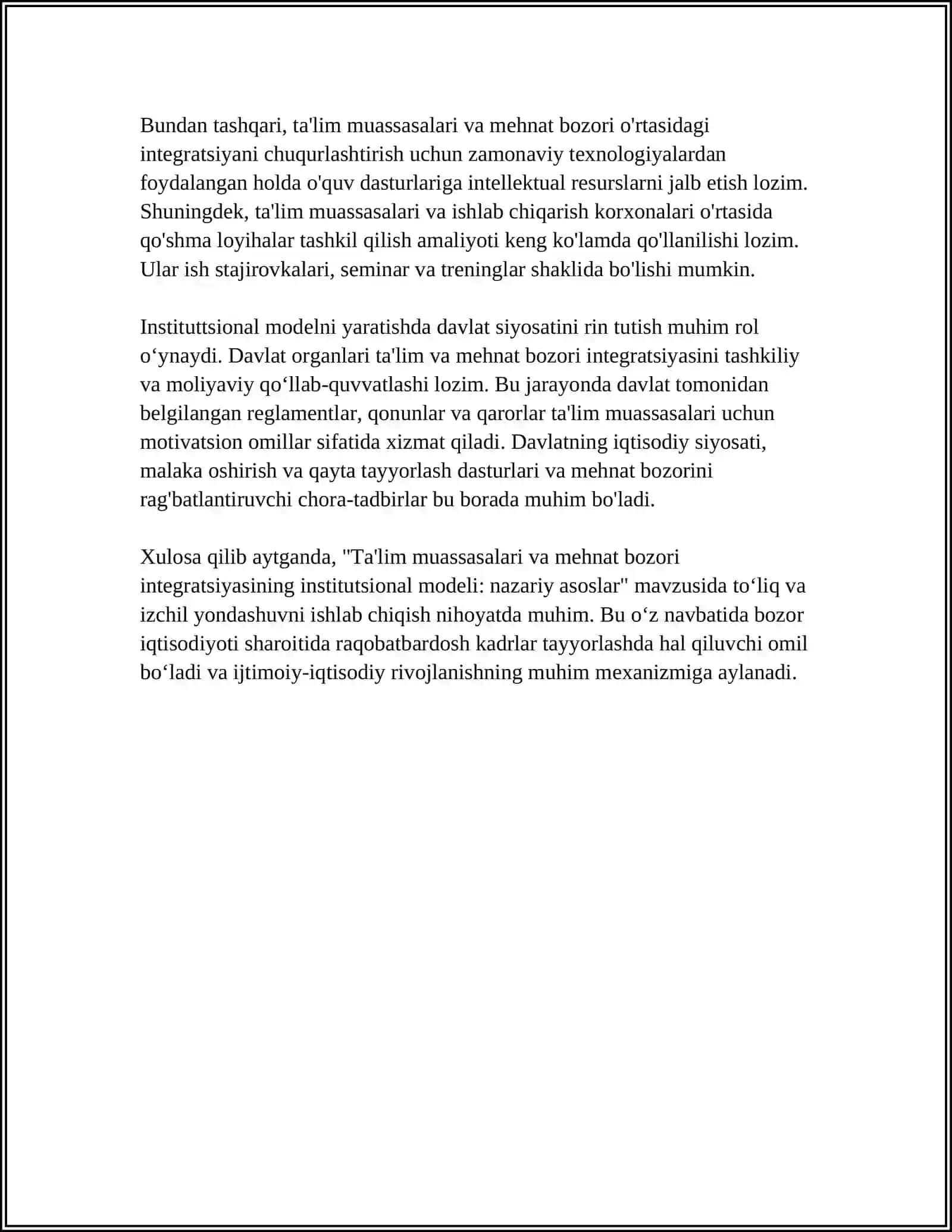 TA'LIM MUASSASALARI VA MEHNAT BOZORI INTEGRATSIYA SI: KASBGA YOʻNALTIRISH SAMARADORLIGINI OSHIRISH NI INSTITUTSIONAL MODELI 4