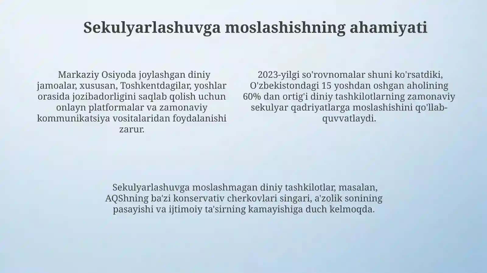 Diniytashkilotlarningzamonaviydunyoviyme'yyorlarigamoslashuviningahamiyati 4