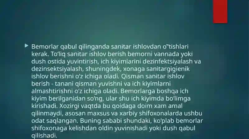 XIRURGIK BEMORLARNIQABUL QILISH.SANITAR ISHLOV BERISH.SARALASH 4