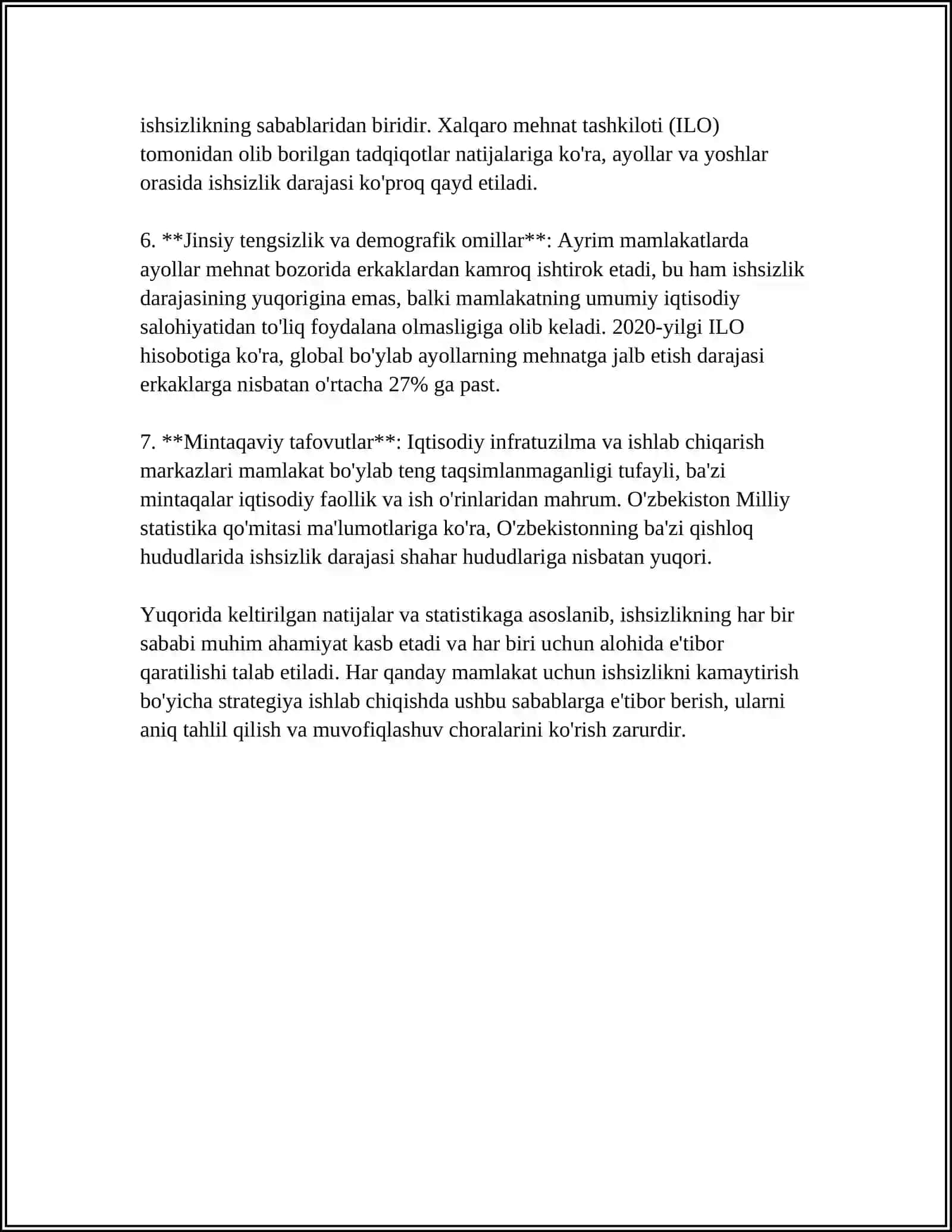 MUSTAQIL ISH Mavzu: ISHSIZLIK SABABLARI, OQIBATLARI VA BARTARAF ETISH YO'LLARI 4