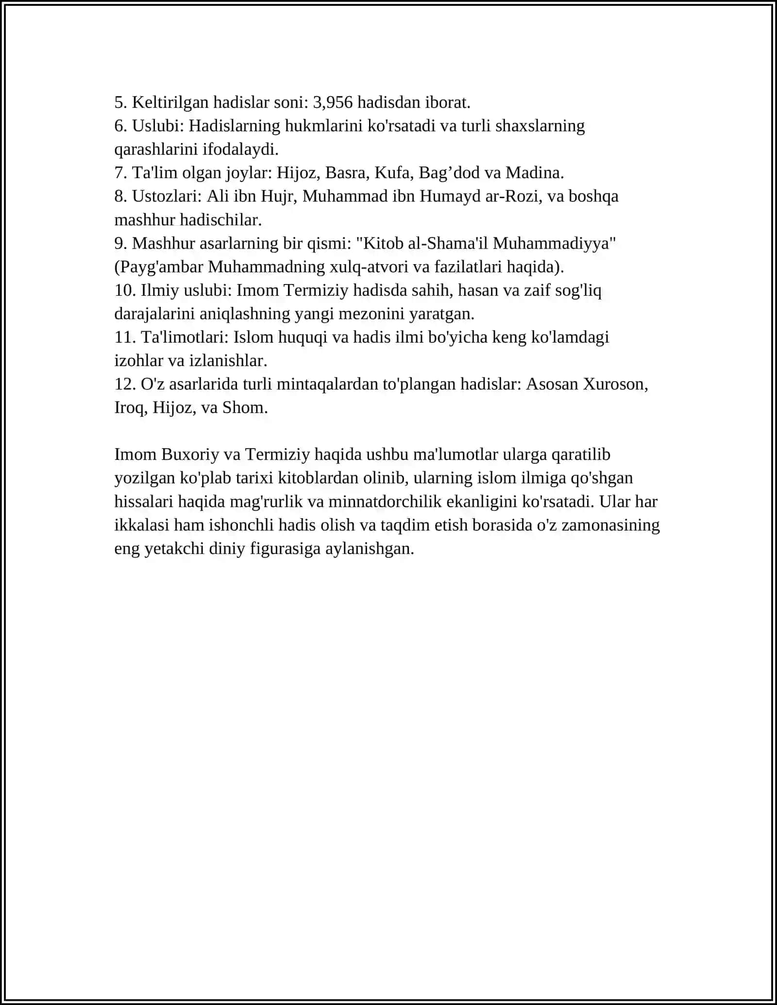IMOM BUXORIY VA IMOM TERMIZIYNING HADIS ILMIGA QO'SHGAN HISSALARINI QIYOSIY TAHLILI 4