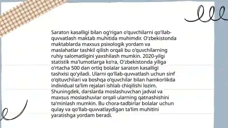 Saraton kasalliklari bilan og'rigan o'quvchilar bilan mashg'ulot o'tish tamoyillarini o'rganish 4