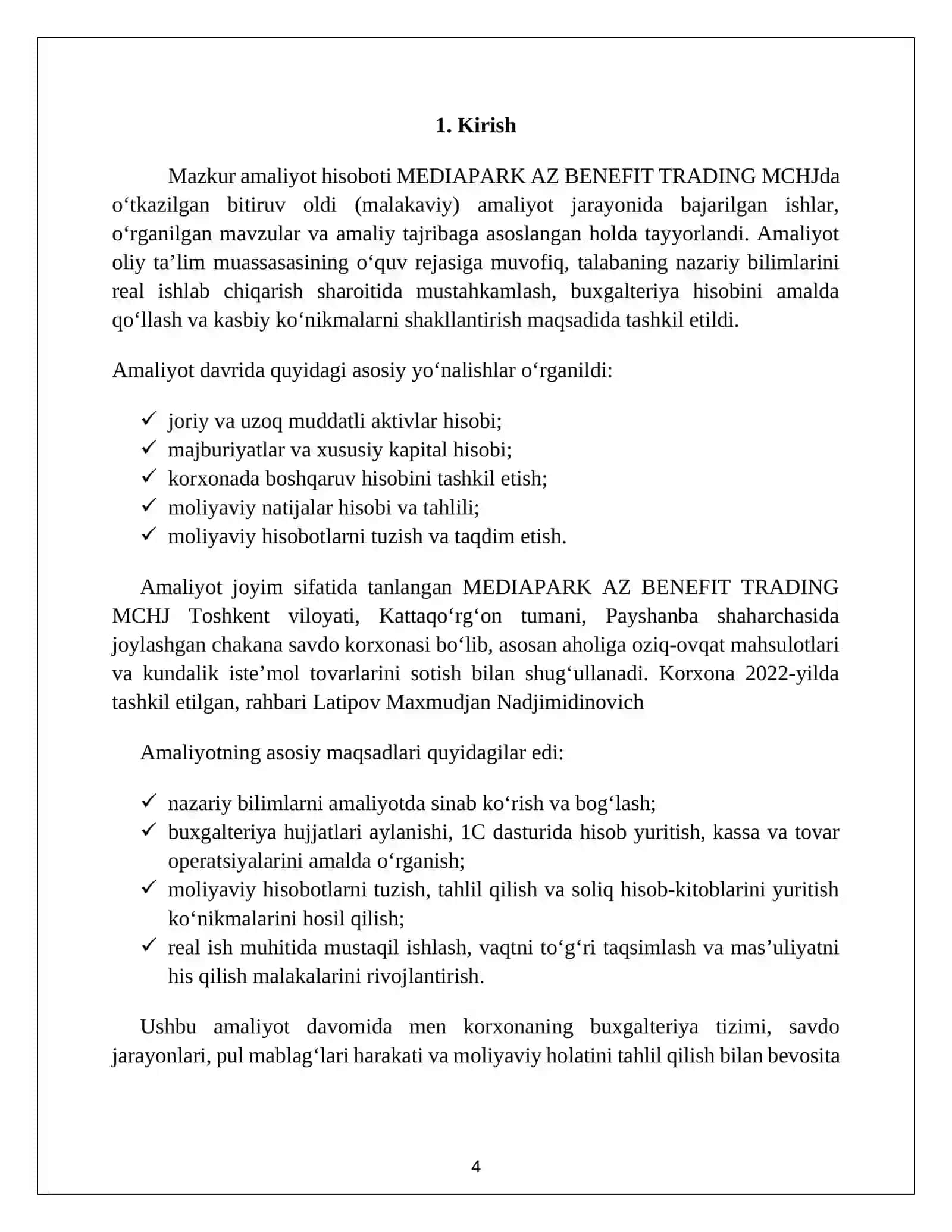 Faoliyat turi 	Chakana savdo (maishiy texnika va elektronika mahsulotlari savdosi. AMALIYOT HISOBOTI 4
