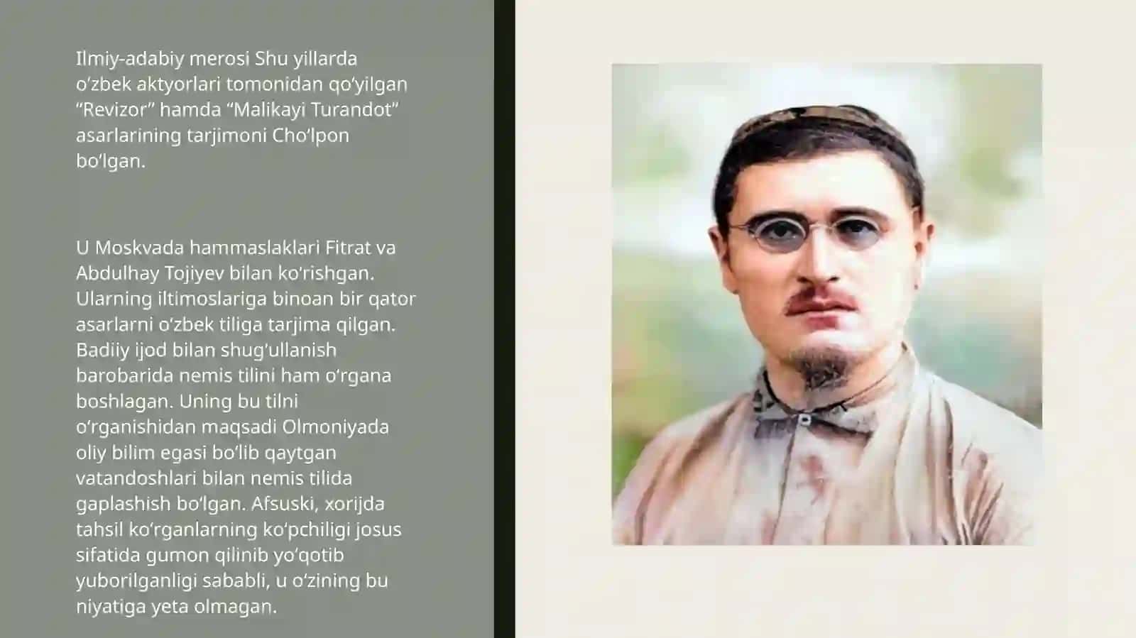 CHO’LPON, FITRAT, SADRIDDIN AYNIY, ABDULLA QODIRIY,GʻulomZafariyJADIDLARI HAQIDA 4