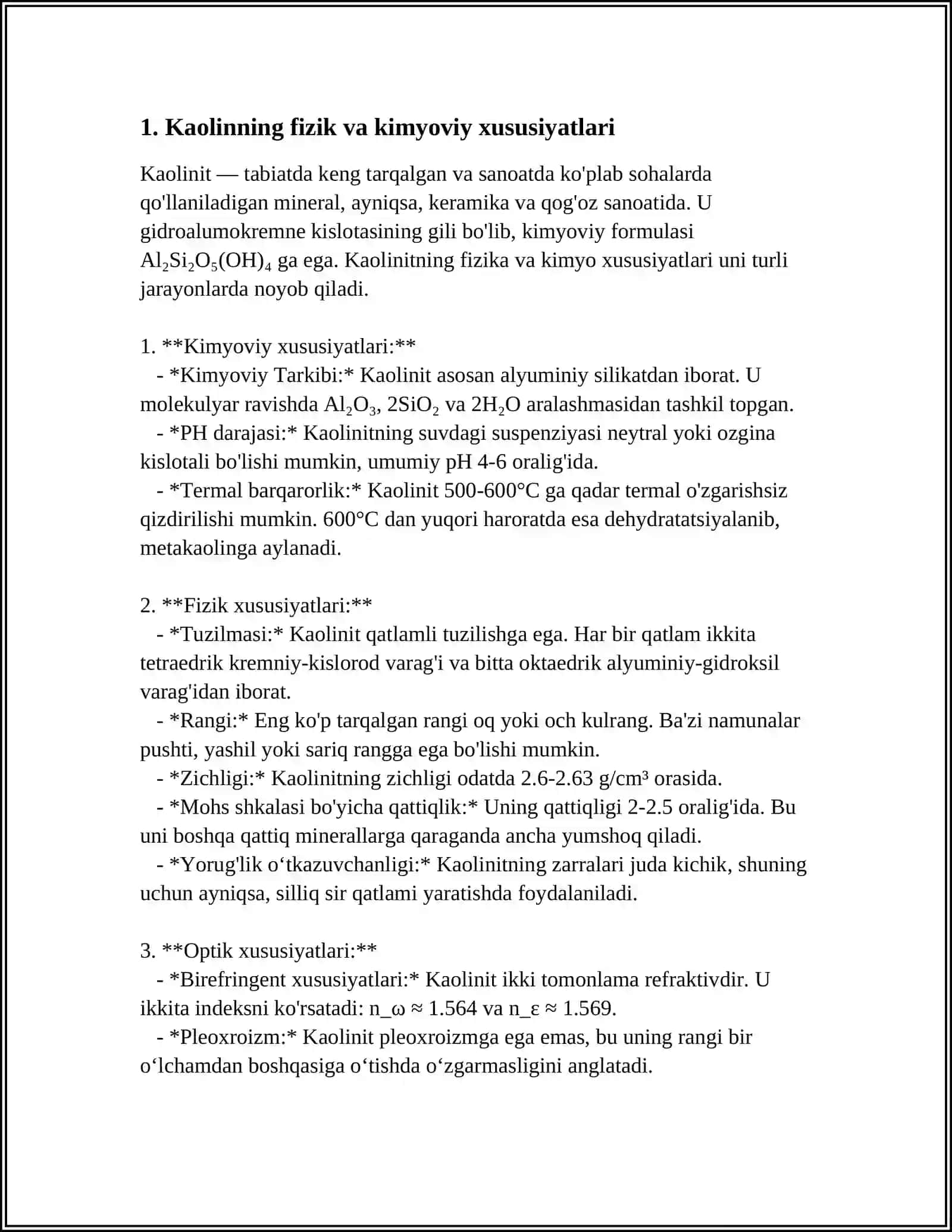KAOLIN, METAKAOLIN VA TEXNIK GLINOZYOM OLISH TEXNOLOGIYASINI LOYIHALASH 4