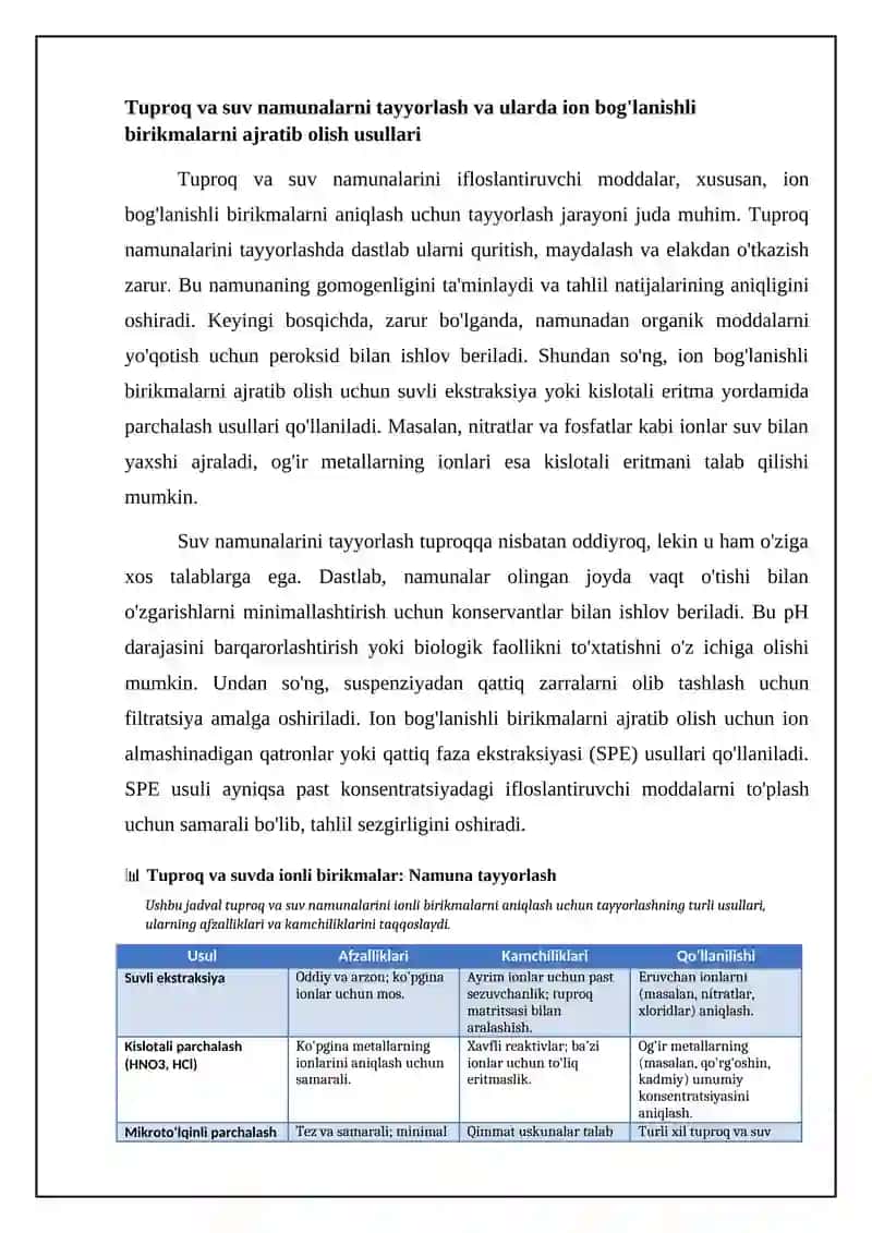 Tuproq va suvning ifloslanishida ion bog'lanishli birikmalarni aniqlash va baholash usullari 4