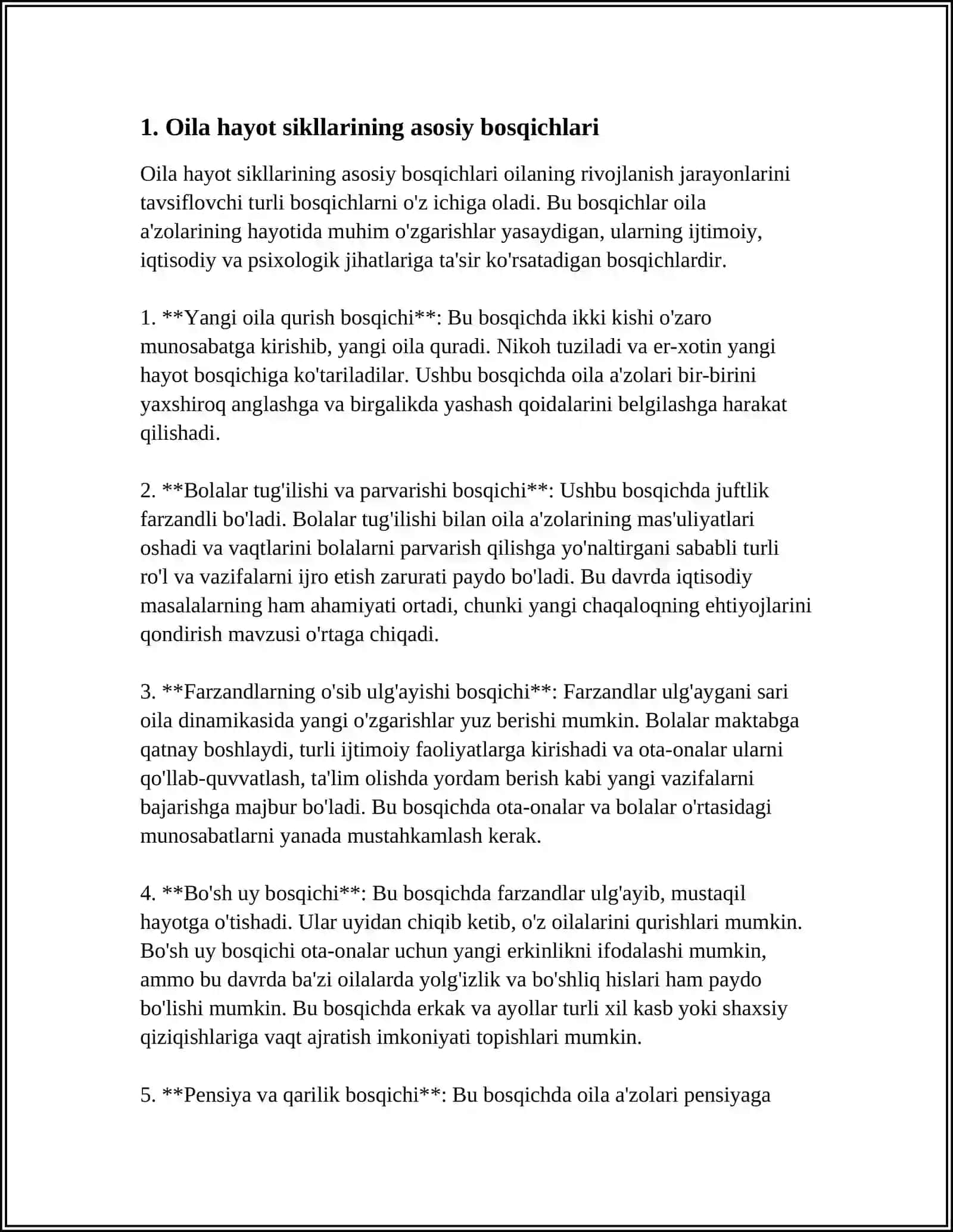 OILAVIY HAYOT SIKLINING BOSQICHLARI OʻTISH DAVRLARINING OʻZIGA XOSLIGI: OILA TIZIMINI QAYTA QURISH ZARURATI VA UNING ASOSIY QOIDALARI 4