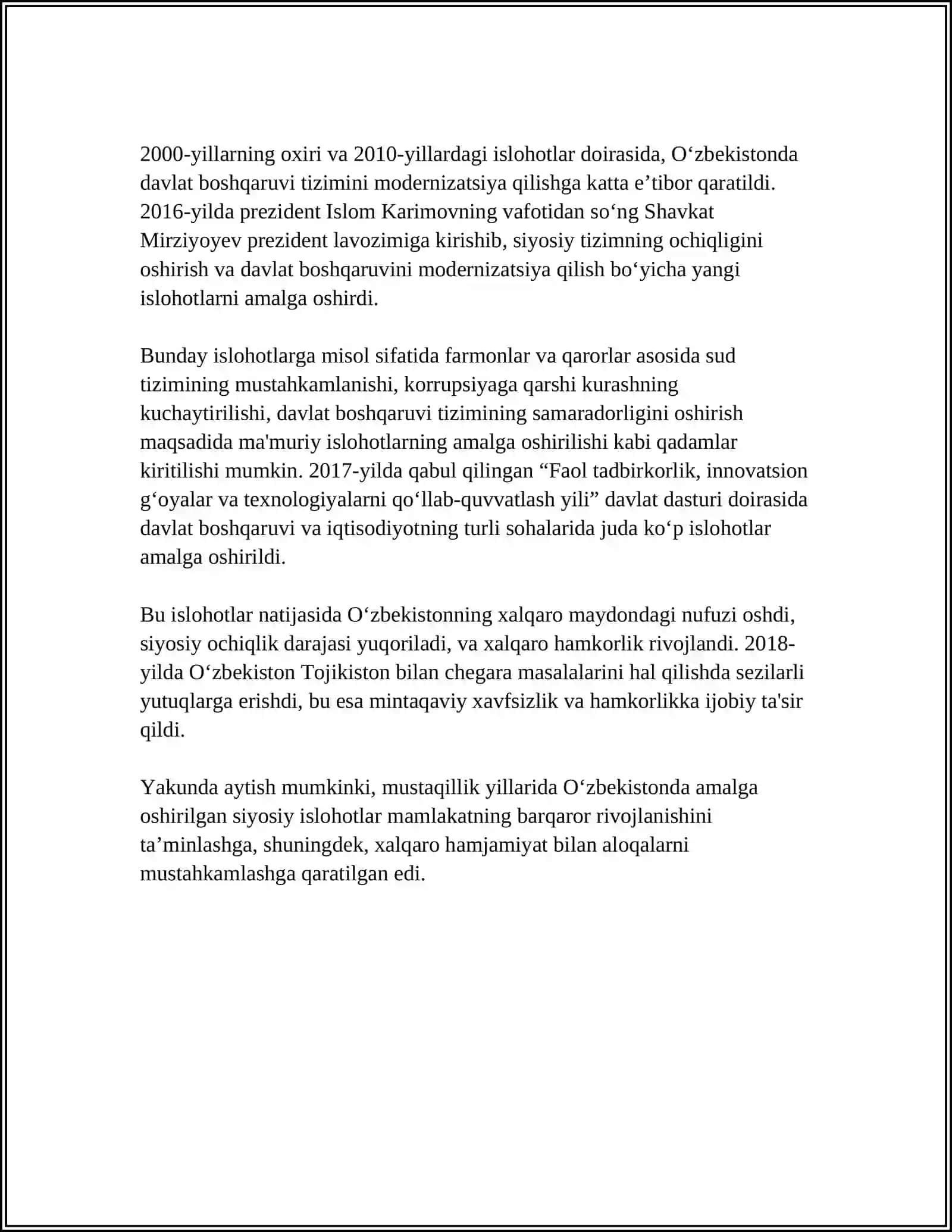 ÓZBEKISTONDA DEMOKRATIK FUQOROLIK JAMIYATI ASOSLARINING SHAKLLANISHI AMALGA OSHIRILGAN SIYOSIY ISLOHOTLAR 4