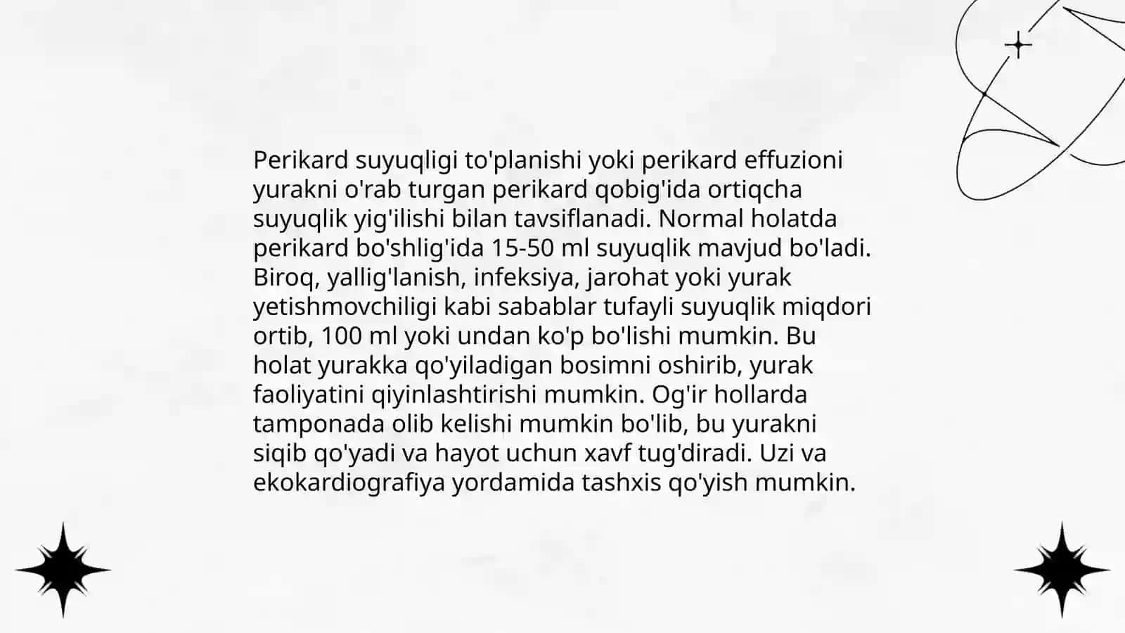 Perikard kasalliklari. Yurak oʻsmalari. Yurak transplantatsiyasi. Bayrammatov Derkar 4
