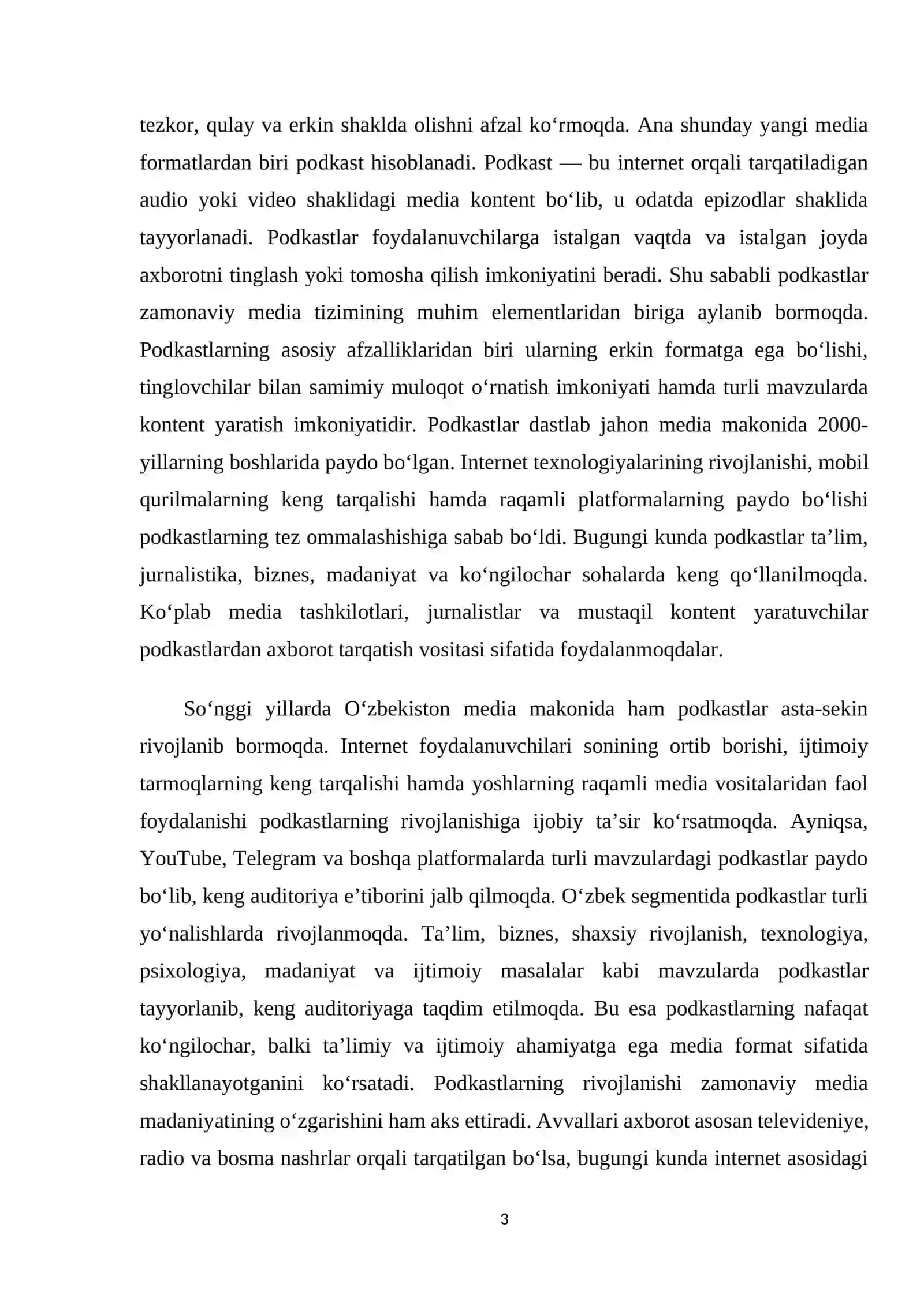 BMI (bitiruv malakaviy ish) O‘ZBEK SEGMENTIDA PODKASTLARNING PAYDO BO‘LISHI VA RIVOJLANISHI: MAVZU, FORMAT, YONDASHUV 4