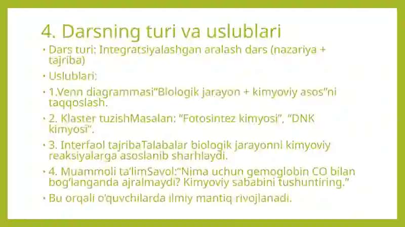 ,,Biologiyani o‘qitishda kimyo fani bilan fanlararo bog‘lanishni amalga oshirish yo‘llari" mavzusida metodik ishlanma 4