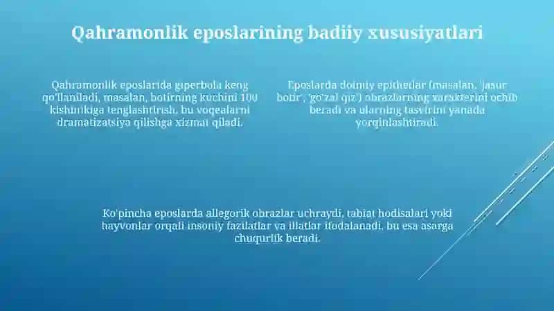 Qahramonlik dostonlarining gʻoyaviy va badiiy xususiyatlari 4