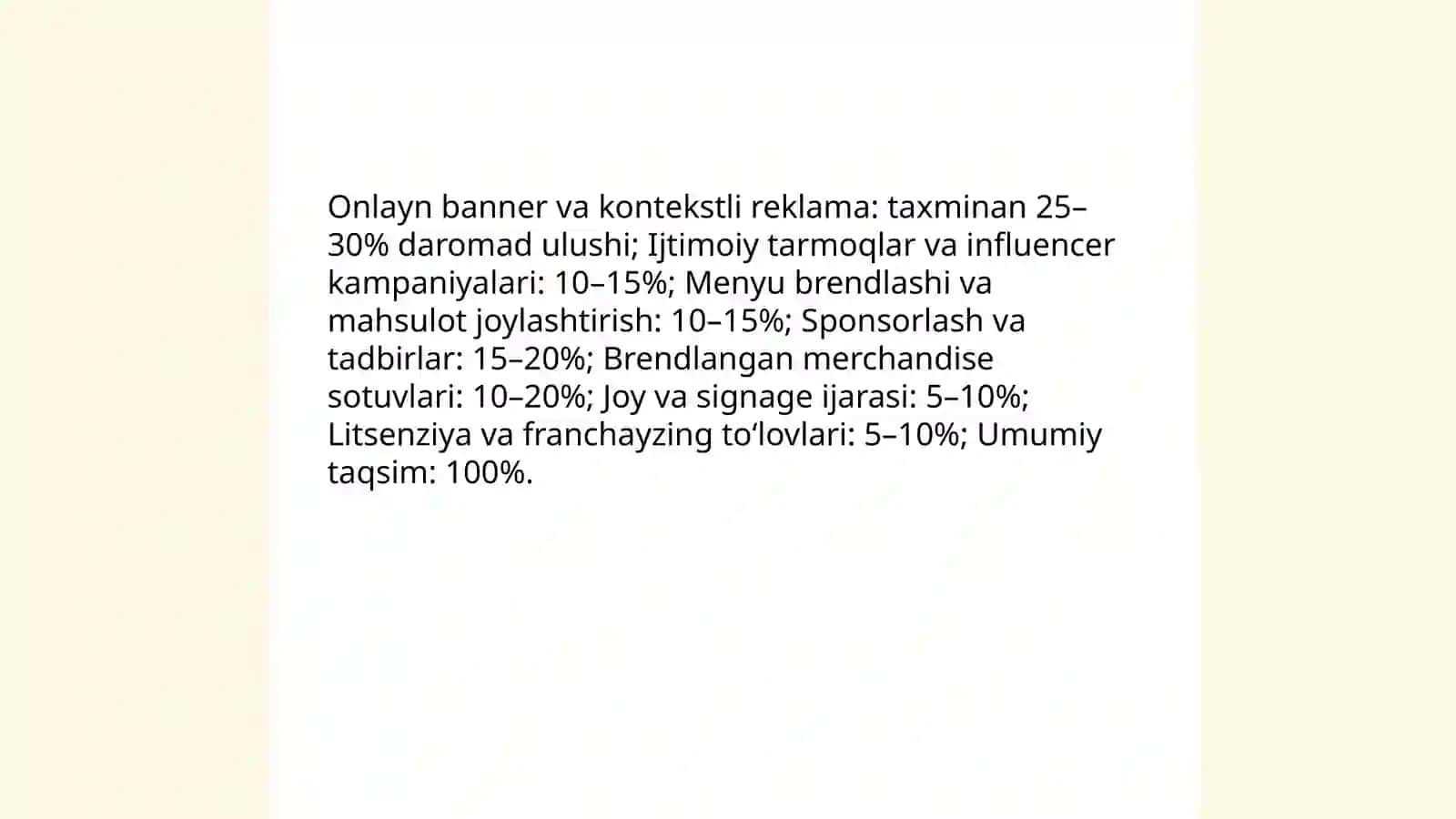 Ovqatlanish korxonalarining asosiy bolmagan faoliyatidan olingan daromadlari va ularning tarkibi 4
