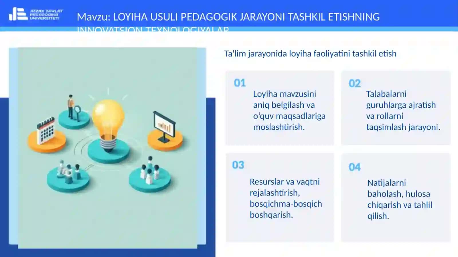 LOYIHA USULI PEDAGOGIK JARAYONI TASHKIL ETISHNING INNOVATSION TEXNOLOGIYALAR 4