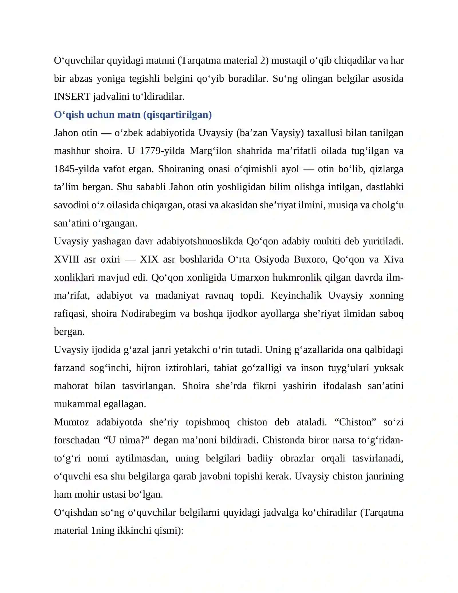 7-sinf  adabiyot dars ishlanma   Jahon otin Uvaysiy. G‘azallar va chistonlar 4