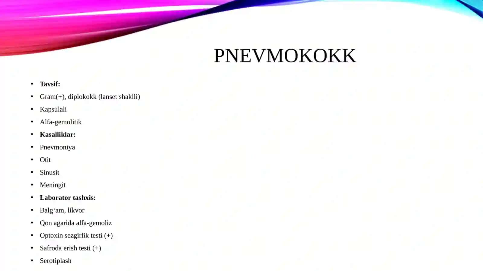 Havo-tomchi infeksiya qo‘zg‘atuvchilari: klebsillez, pnevmokokk, meningokokk, bo‘g‘ma, ko‘kyo‘tal ularga tavsif va laborator tashxisoti. Shifoxona ichi infeksiyasi va uni oldini olish. Sil, moxov  va aktinomikoz, legionella kasalliklariga tavsif va ularning laboratoriya tashxisi 4