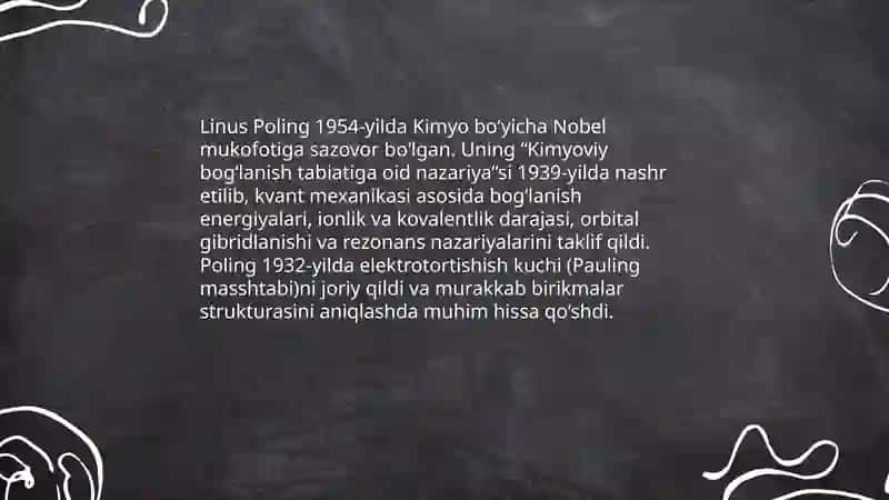 Kimyo sohasida Nobel mukofoti sovrindorlari va yutuqlari 4