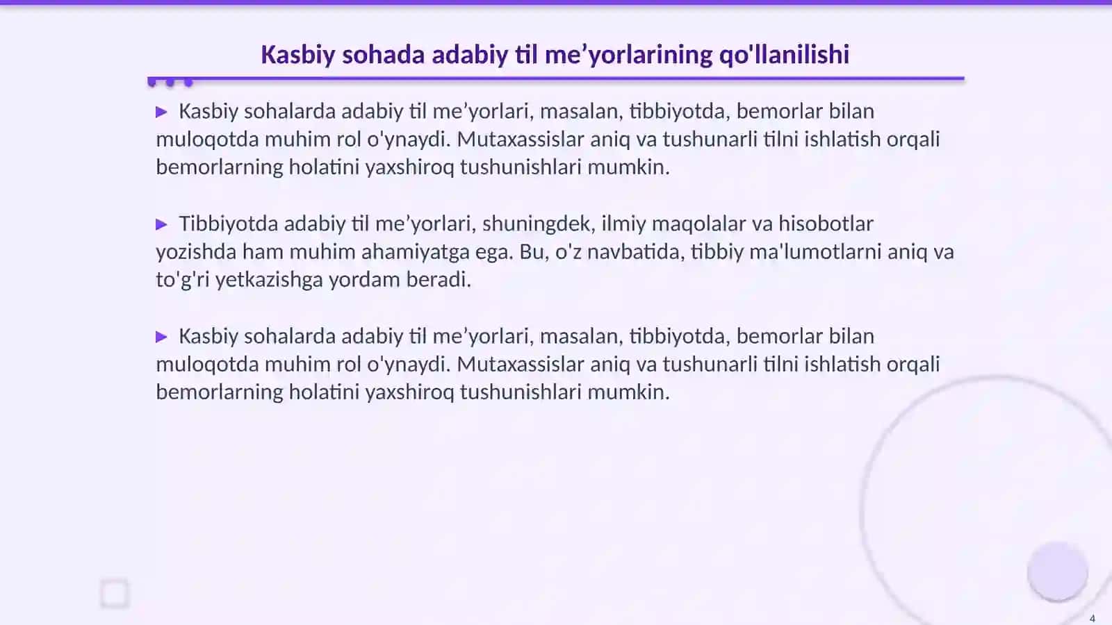 Adabiy til meʼyorlarini kasbiy sohaga oid misollar orqali tushuntirish.kasallik tavsifi misolida 4