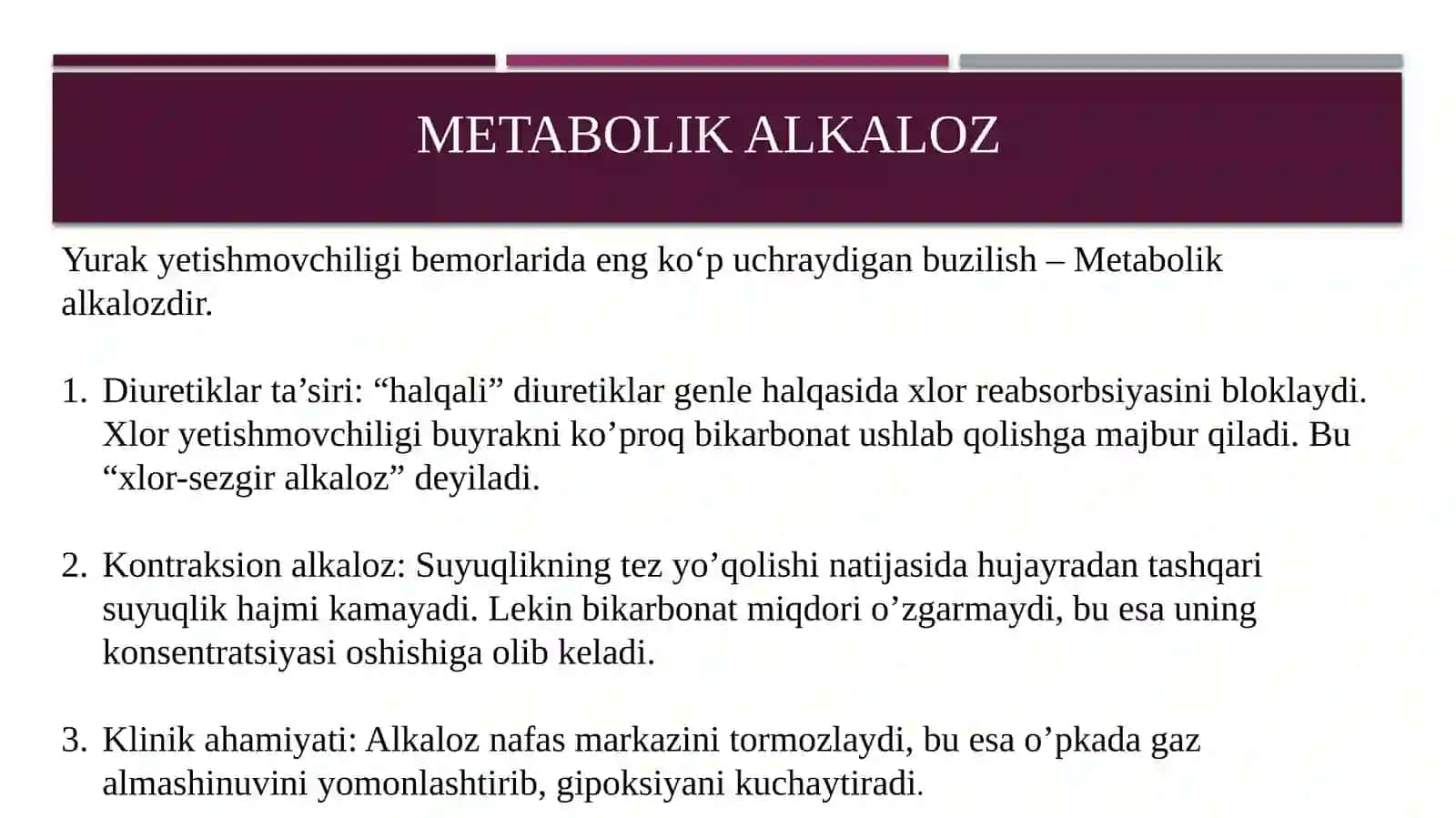 NAFAS ATSIDOZI, METABOLIC ATSIDOZ, NAFAS ALKALOZI VA METABOLIC ALKALOZLARNING KELIB CHIQISHI, BIOKIMYOVIY TASHXISI 4