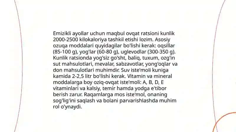 Emizikli ayollar, bolalar va o'smirlar ovqatlanish gigiyenasi asoslari, ovqatlanish jihatlari. 4