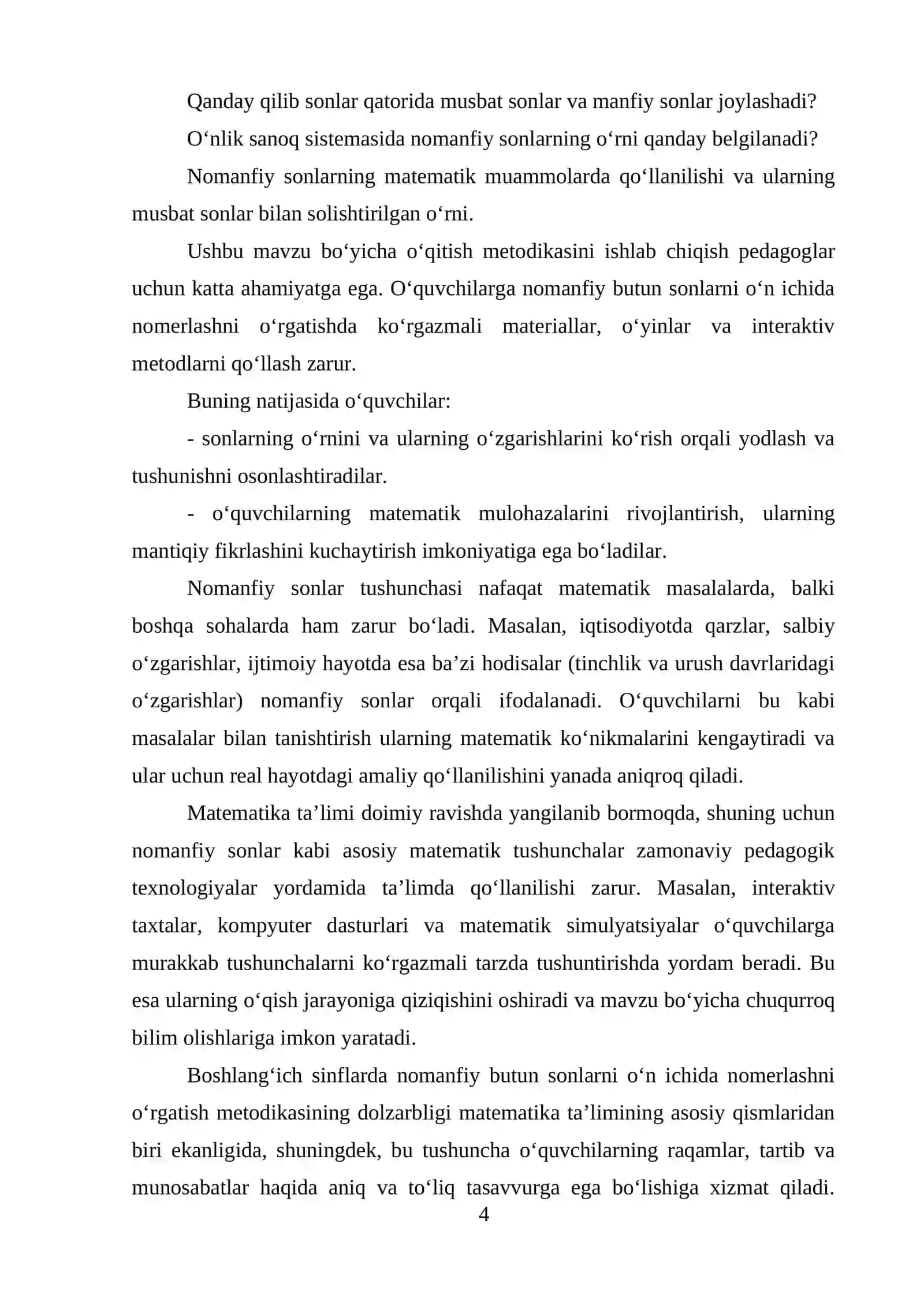 Boshlangʻich sinflarda nomanfiy butun sonlarni nomerlashga oʻrgatish metodikasining umumiy masalalari 4