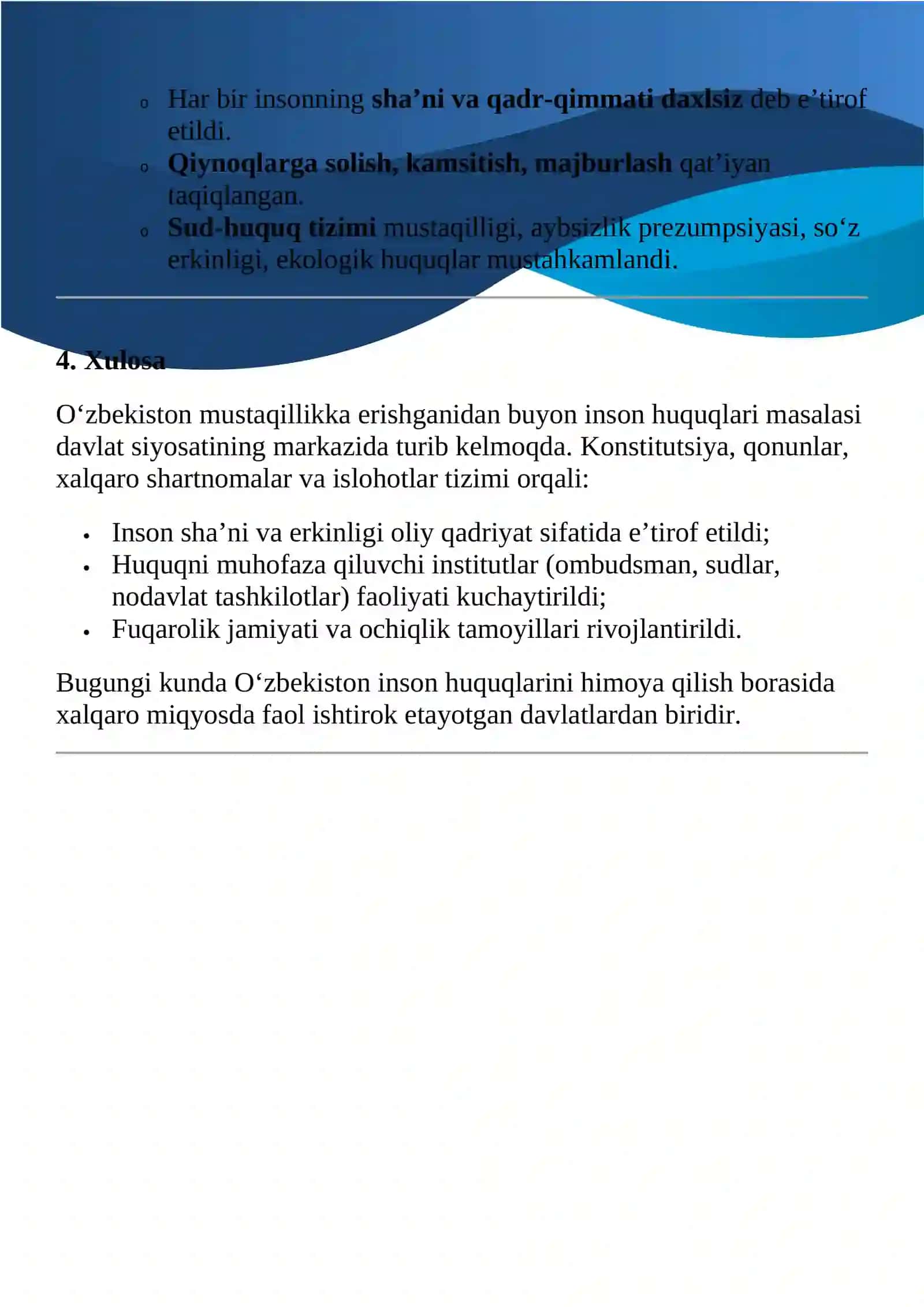 O’zbekistonning eng yangi tarixi fanidan yozgan topshirig’i 4