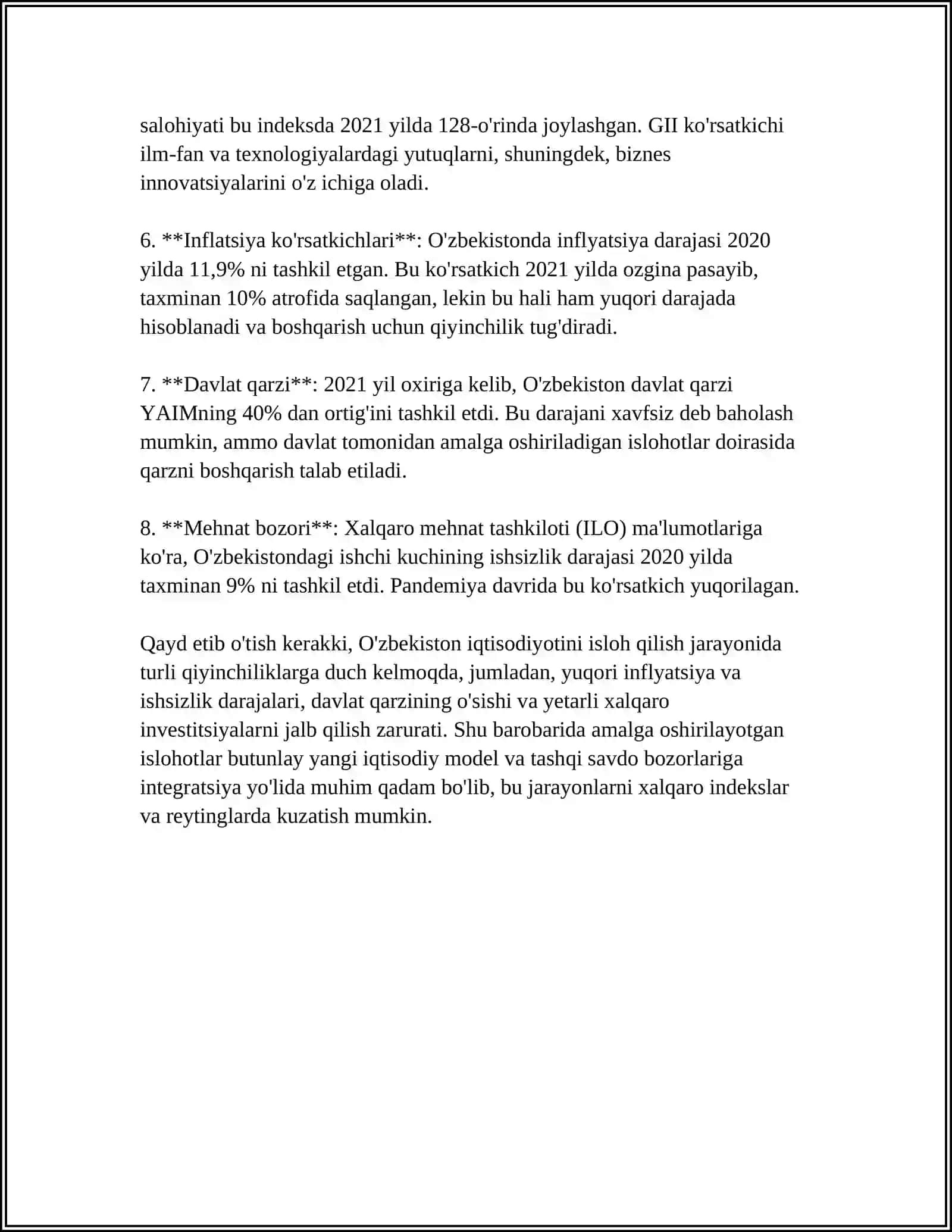 YANGI O'ZBEKISTON IJTIMOVIY-SIYOSIY, IQTISODIY VA MADANIY HAYOTIDA RO'Y BERAYOTGAN O'ZGARISHLARNING XALQARO REYTING VA INDEKSLARDA AKS ETISHI 4