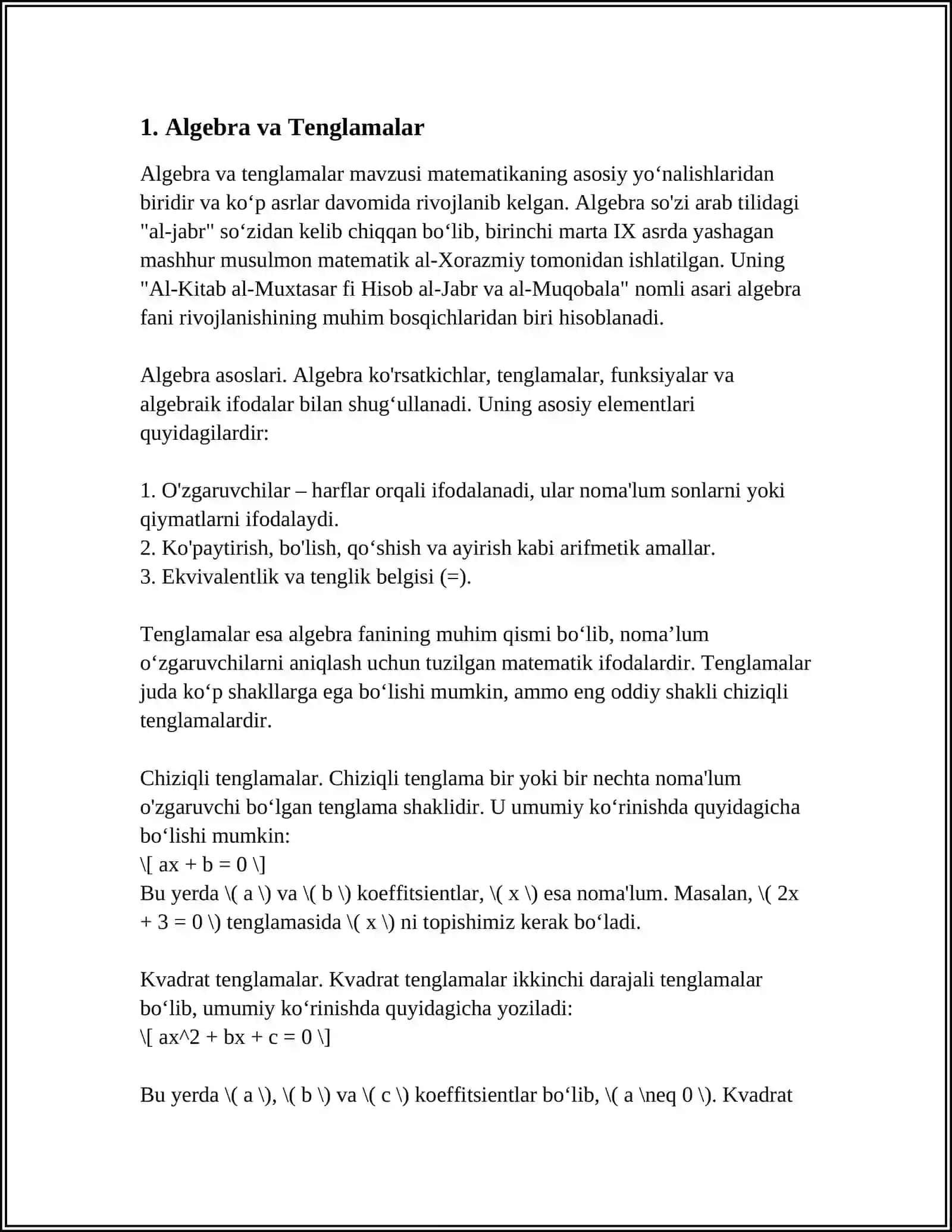 MATEMATIKADAN TOʻGARAKLAR, OʻN MINUTLIKLAR,KONKURS, BELLASHUVLAR, VA MASHGʻULOTLARNI TAYYORLASH VA OʻTJAZISH METODIKASI 4