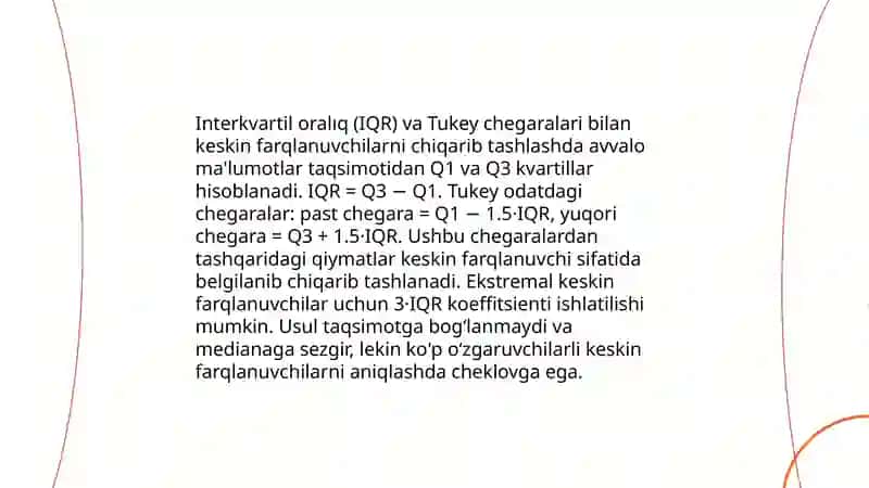 Tasodifiy sonlar toʻplamidagi keskin farqlanuvchi qiymatlarini chiqarib tashlash usullari 4