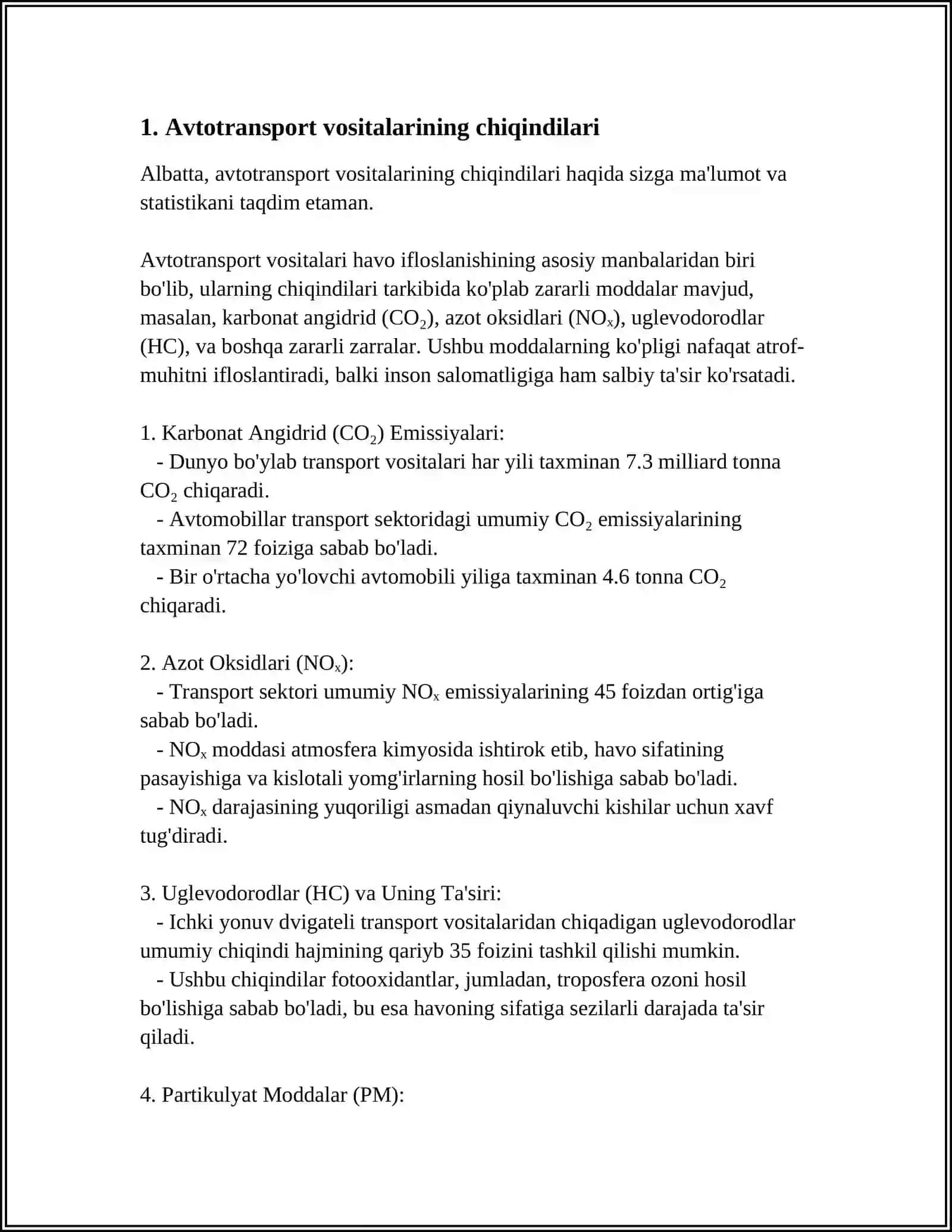 AVTOTRANSPORT VOSITALARINING ZARARLI CHIQINDILARI BILAN ATMOSFERA HAVOSINING IFLOSLANISHINI LABORATORIYA NAZORATI USULLARINI TAHLIL QILISH 4