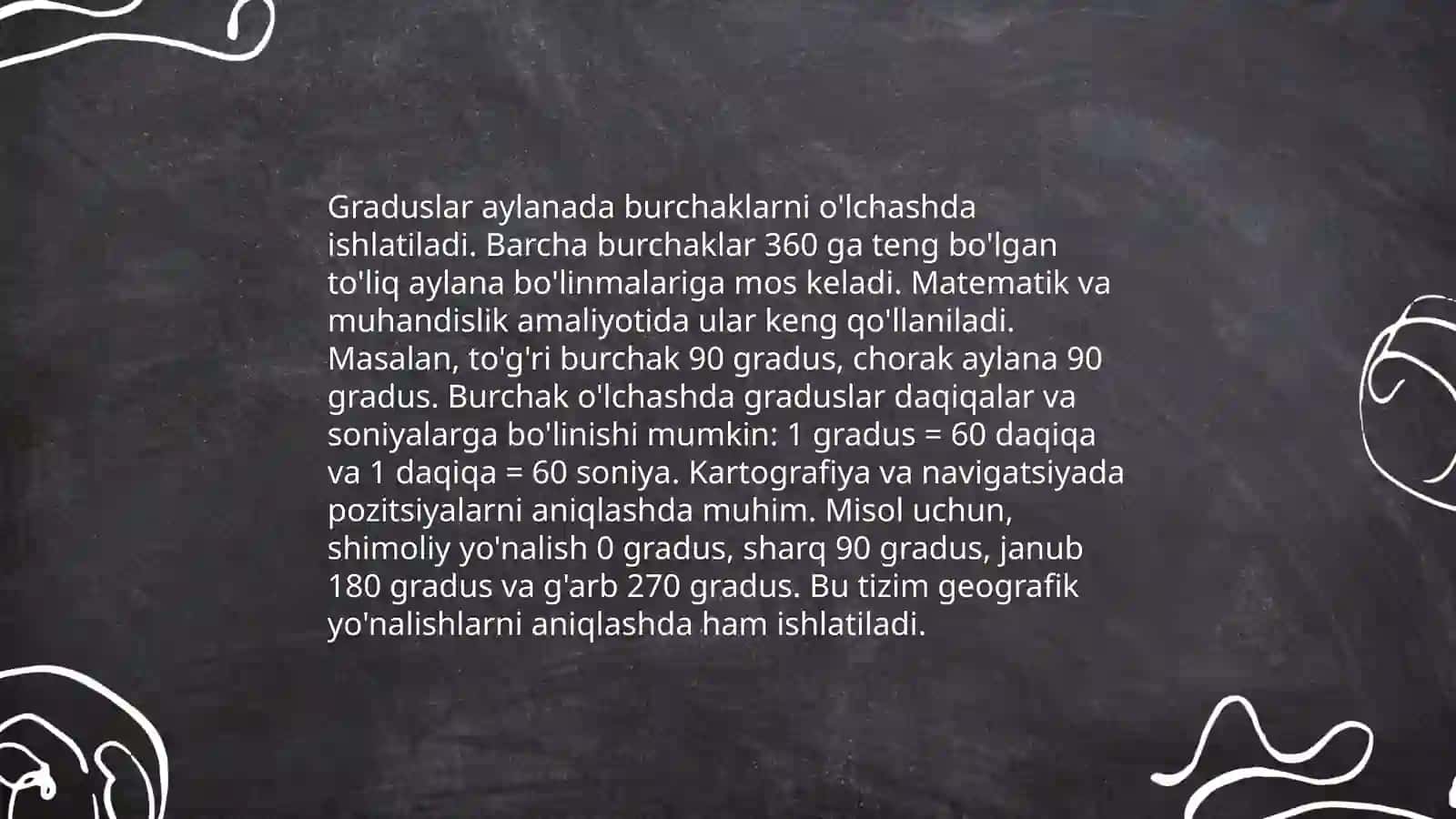 Burchak o'lchovlari turlarini o'rganish va har bir o'lchov turining qo'llanilish sohasini aniqlash, o'lchovlar bo'yicha taklif berish 4