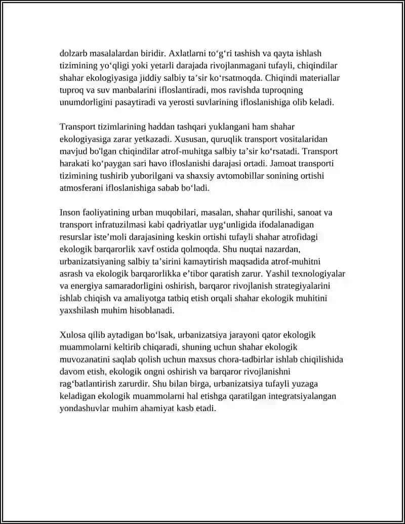 URBANIZATSIYA JARAYONING SHAXAR EKOLOGIYASIGA TAʼSIRI 4