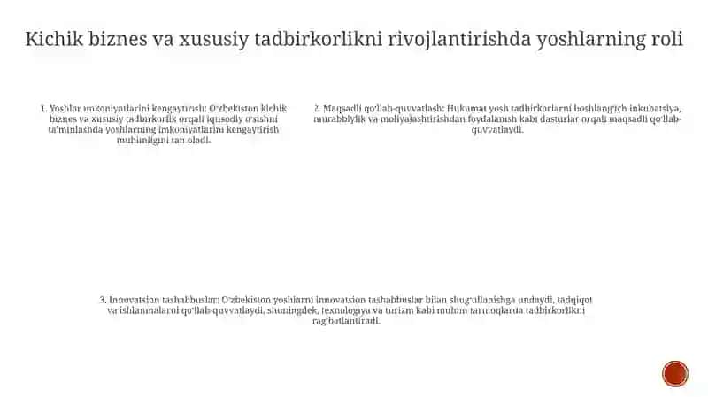 O'Zbekistonda Kichik Biznes Va Xususiy Tadbirkorlikning Holati Va Uni Rivojlantirishda Yoshlarning Roli 2021 2022 2023 Yillar 4